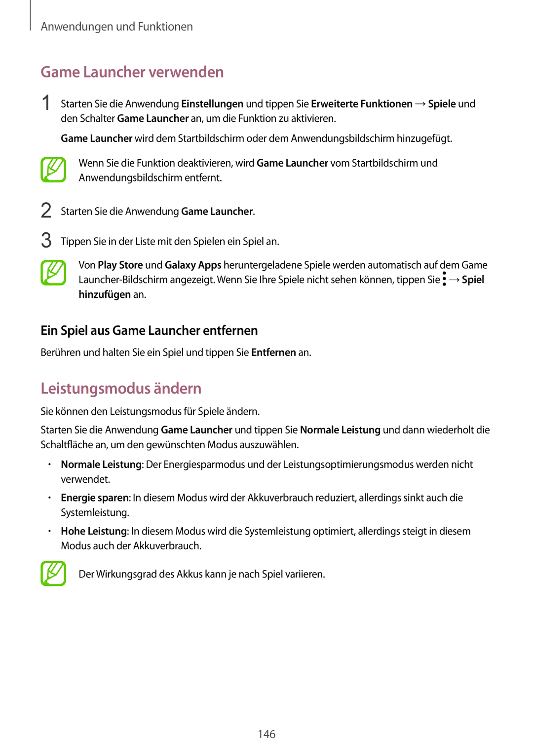 Samsung SM-G955FZKADBT manual Game Launcher verwenden, Leistungsmodus ändern, Ein Spiel aus Game Launcher entfernen 
