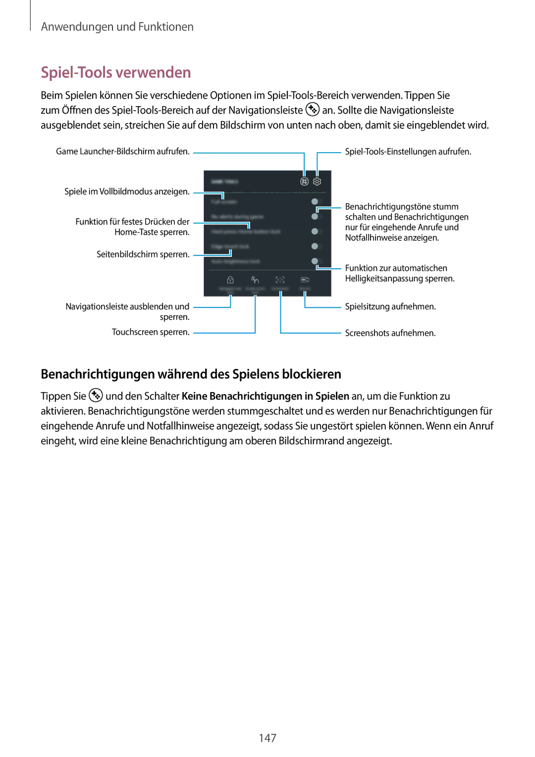 Samsung SM-G955FZVADBT, SM-G950FZIADBT manual Spiel-Tools verwenden, Benachrichtigungen während des Spielens blockieren 