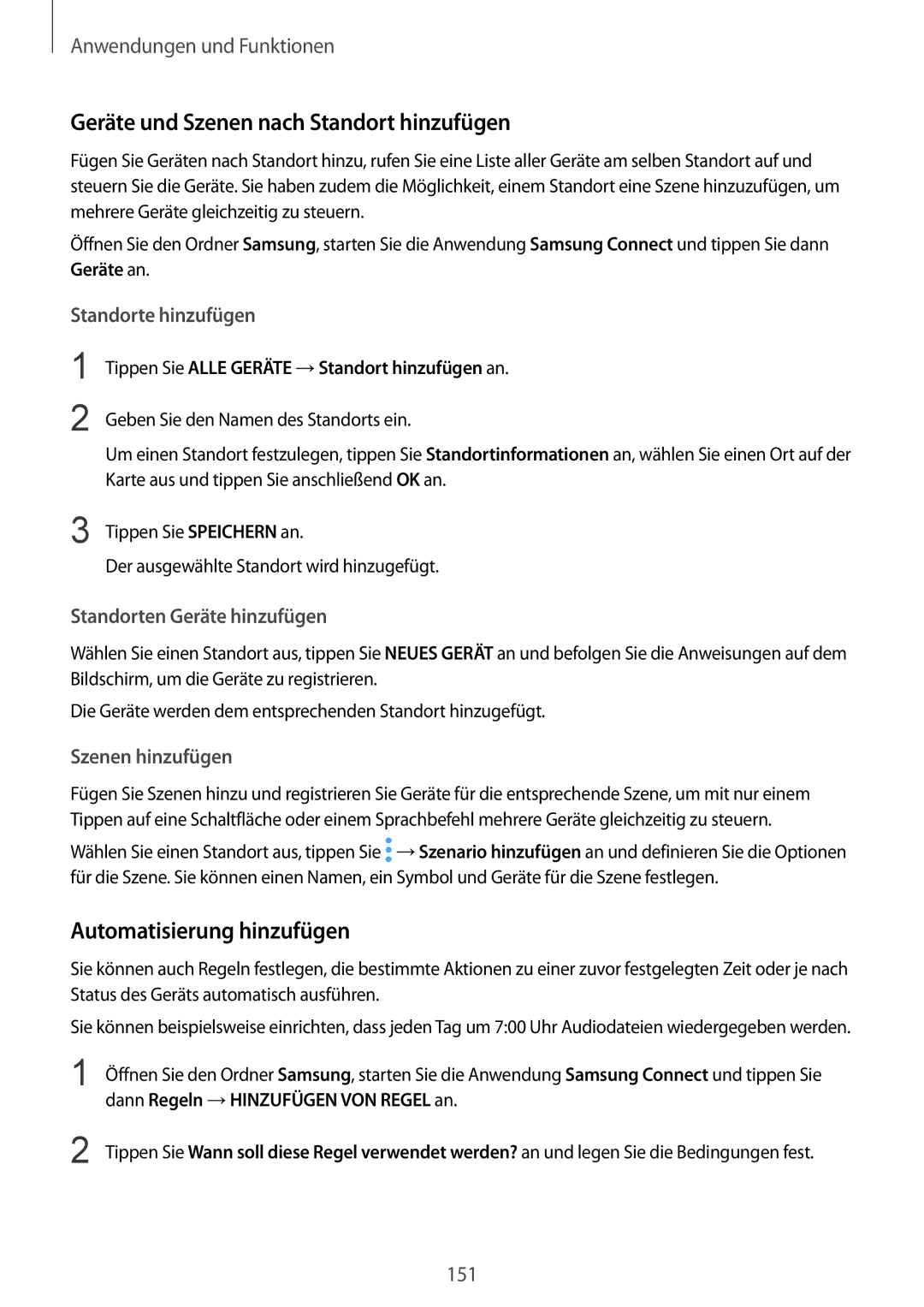 Samsung SM-G950FZKADBT manual Geräte und Szenen nach Standort hinzufügen, Automatisierung hinzufügen, Standorte hinzufügen 