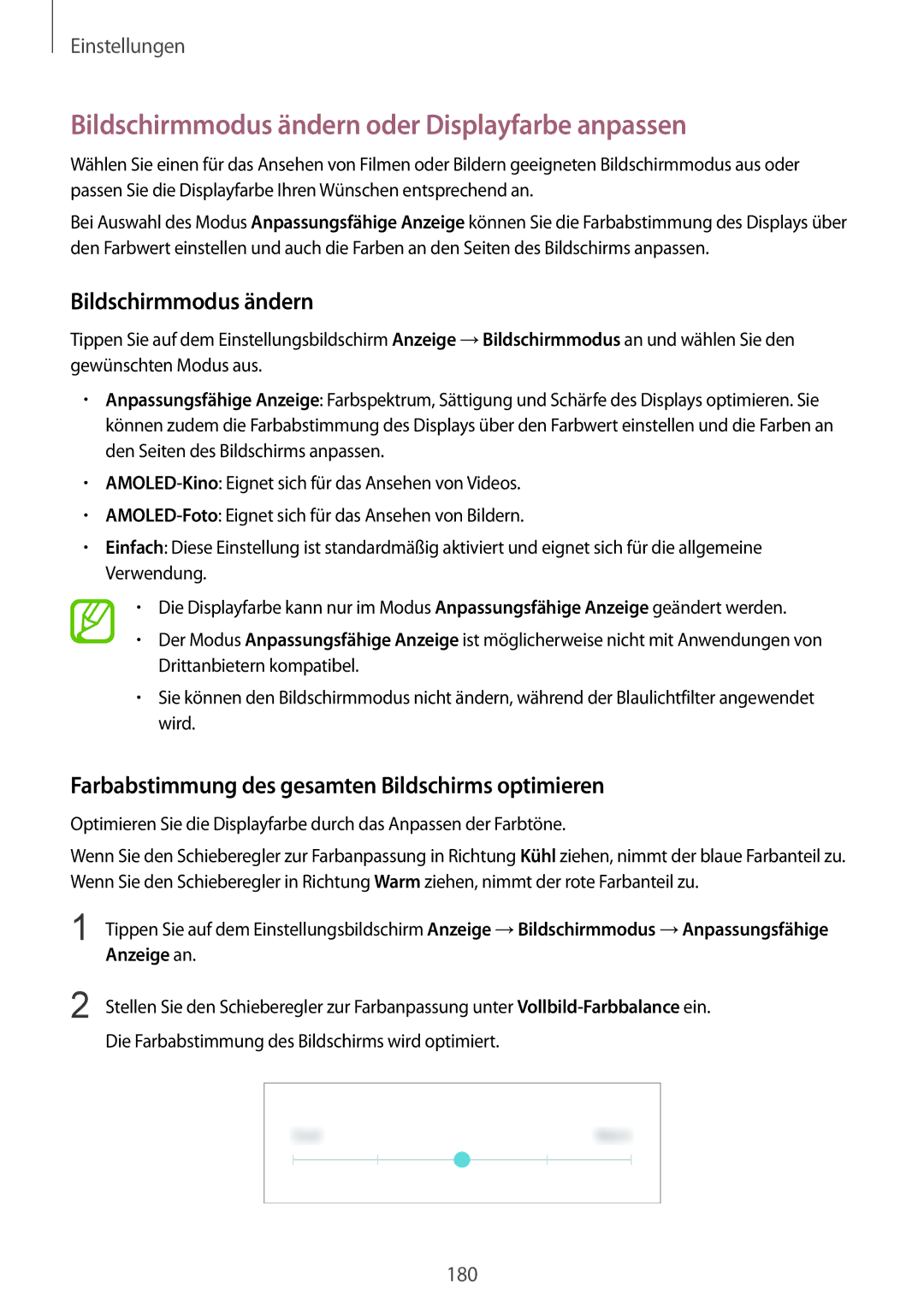 Samsung SM-G950FZIADBT, SM-G955FZSADBT, SM-G955FZKADBT manual Bildschirmmodus ändern oder Displayfarbe anpassen, Anzeige an 