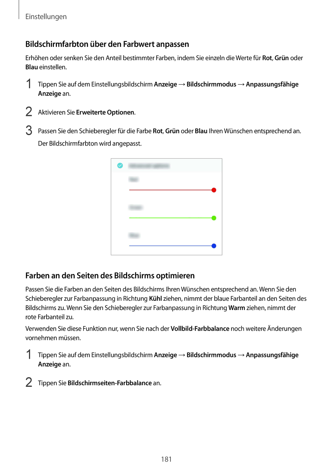 Samsung SM-G955FZSADBT manual Bildschirmfarbton über den Farbwert anpassen, Farben an den Seiten des Bildschirms optimieren 