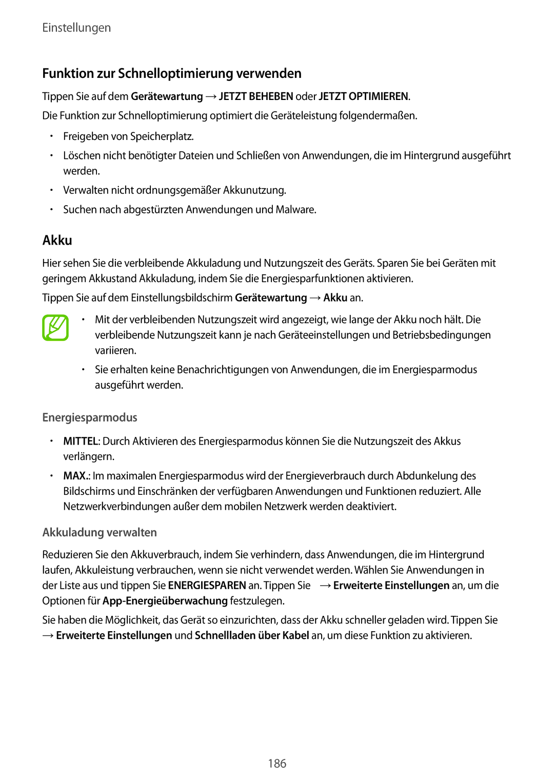 Samsung SM-G955FZBADBT manual Funktion zur Schnelloptimierung verwenden, Energiesparmodus, Akkuladung verwalten 