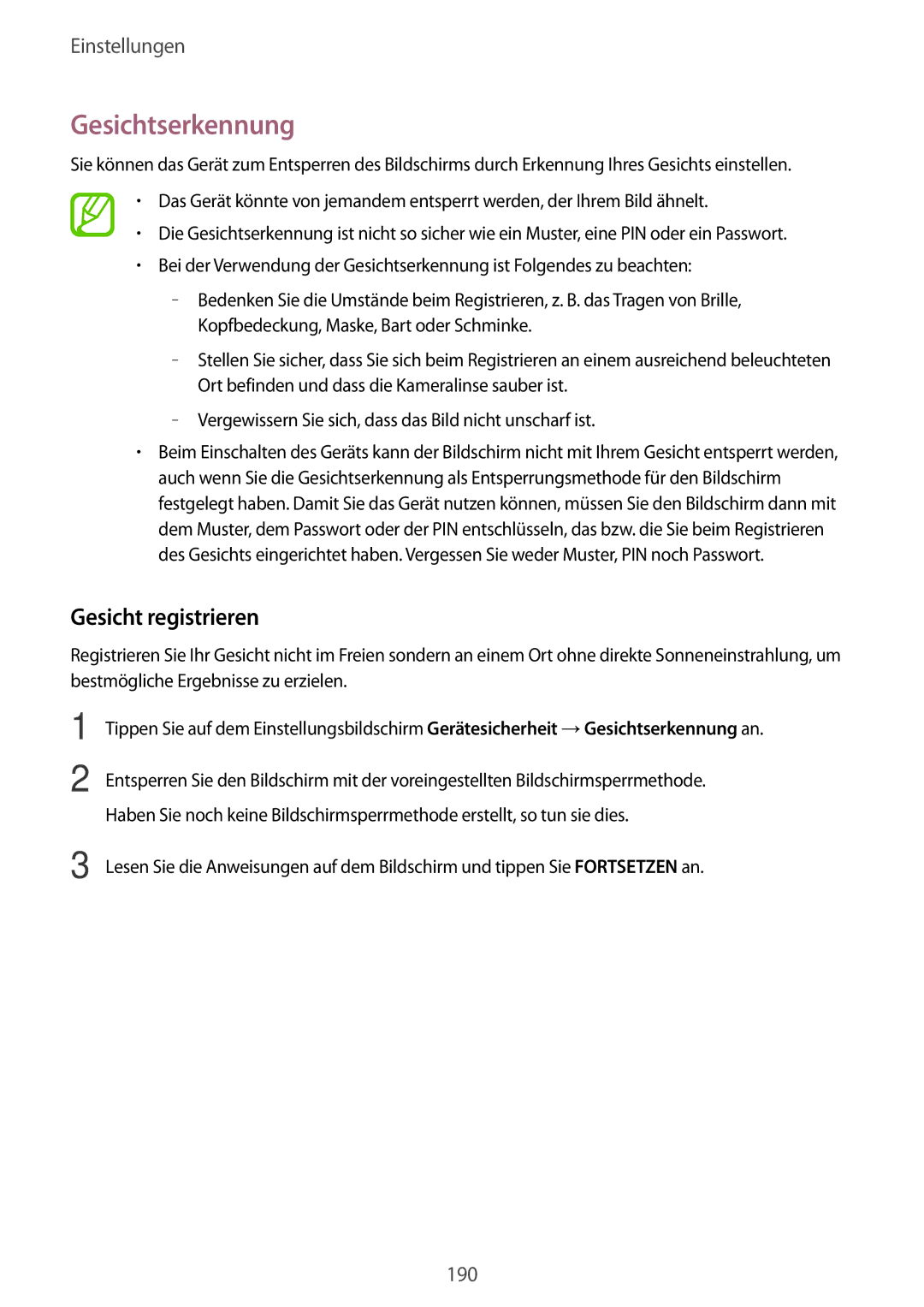 Samsung SM-G955FZSADBT, SM-G950FZIADBT, SM-G955FZKADBT, SM-G955FZVADBT manual Gesichtserkennung, Gesicht registrieren 