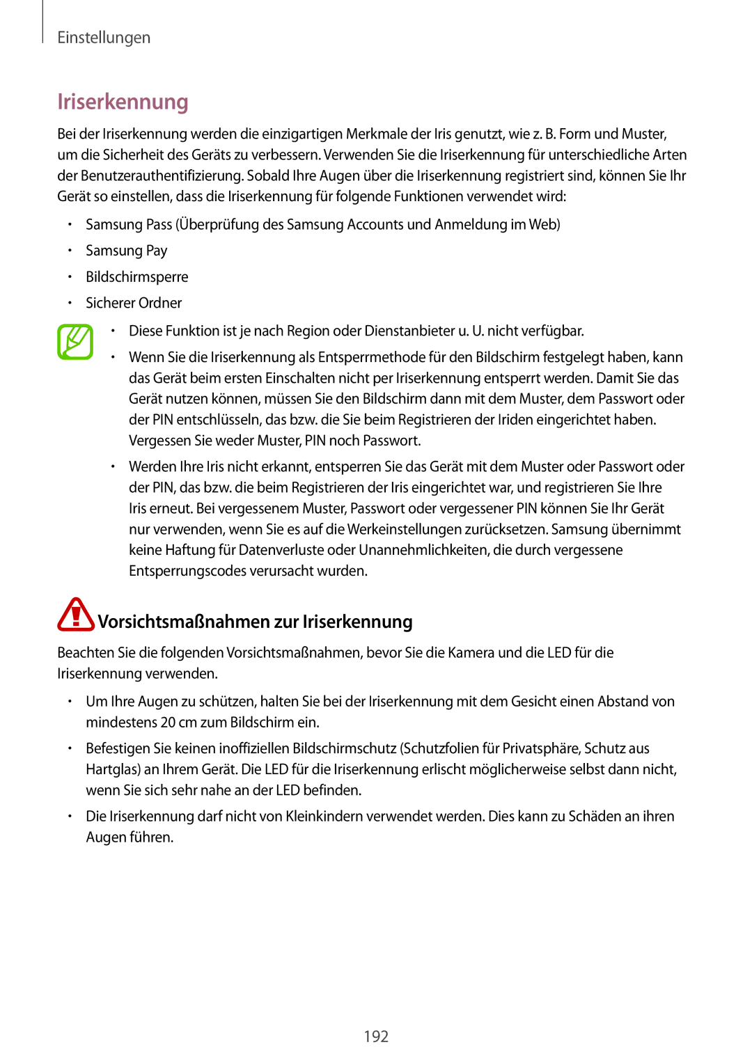 Samsung SM-G955FZVADBT manual Vorsichtsmaßnahmen zur Iriserkennung, Vergessen Sie weder Muster, PIN noch Passwort 