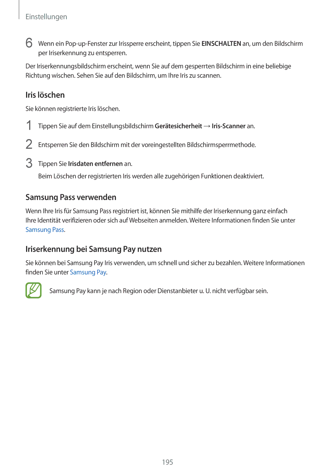 Samsung SM-G955FZBADBT, SM-G950FZIADBT manual Iris löschen, Samsung Pass verwenden, Iriserkennung bei Samsung Pay nutzen 