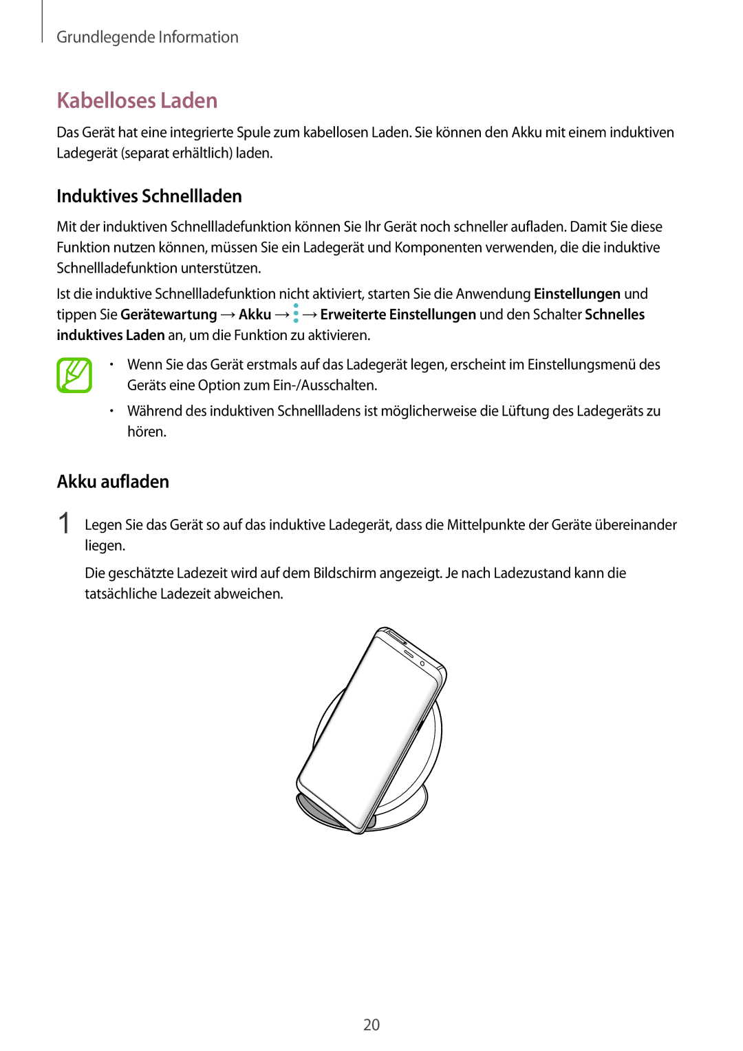 Samsung SM-G955FZKADBT, SM-G950FZIADBT, SM-G955FZSADBT manual Kabelloses Laden, Induktives Schnellladen, Akku aufladen 