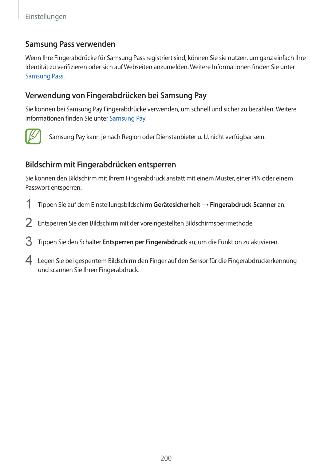 Samsung SM-G955FZKADBT manual Verwendung von Fingerabdrücken bei Samsung Pay, Bildschirm mit Fingerabdrücken entsperren 