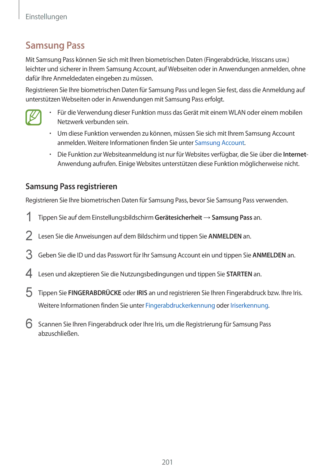 Samsung SM-G955FZVADBT, SM-G950FZIADBT, SM-G955FZSADBT, SM-G955FZKADBT, SM-G950FZVADBT manual Samsung Pass registrieren 