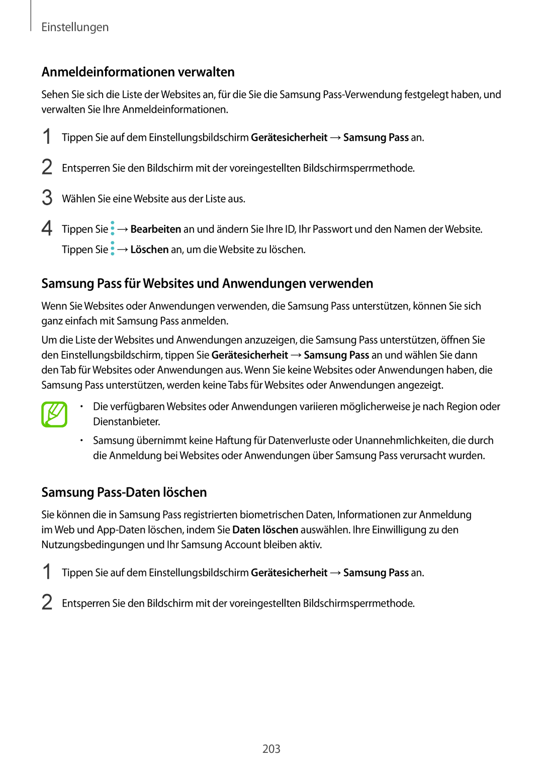 Samsung SM-G950FZBADBT, SM-G950FZIADBT Anmeldeinformationen verwalten, Samsung Pass für Websites und Anwendungen verwenden 