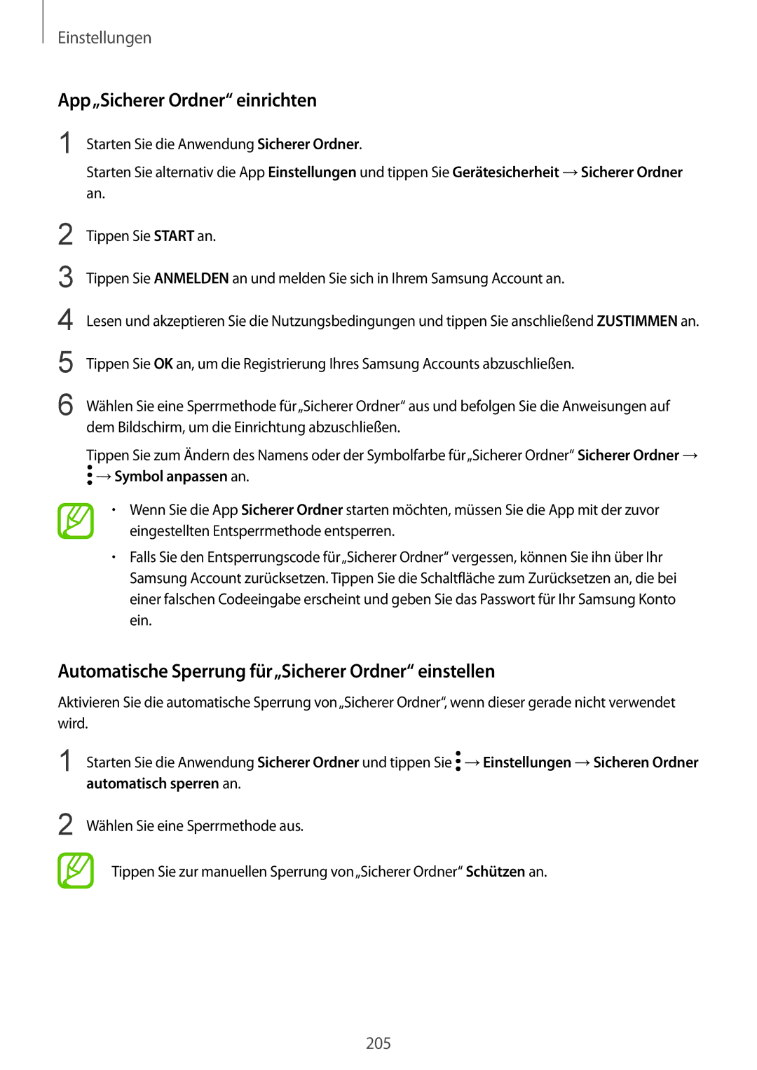 Samsung SM-G950FZKADBT manual App„Sicherer Ordner einrichten, Automatische Sperrung für„Sicherer Ordner einstellen 