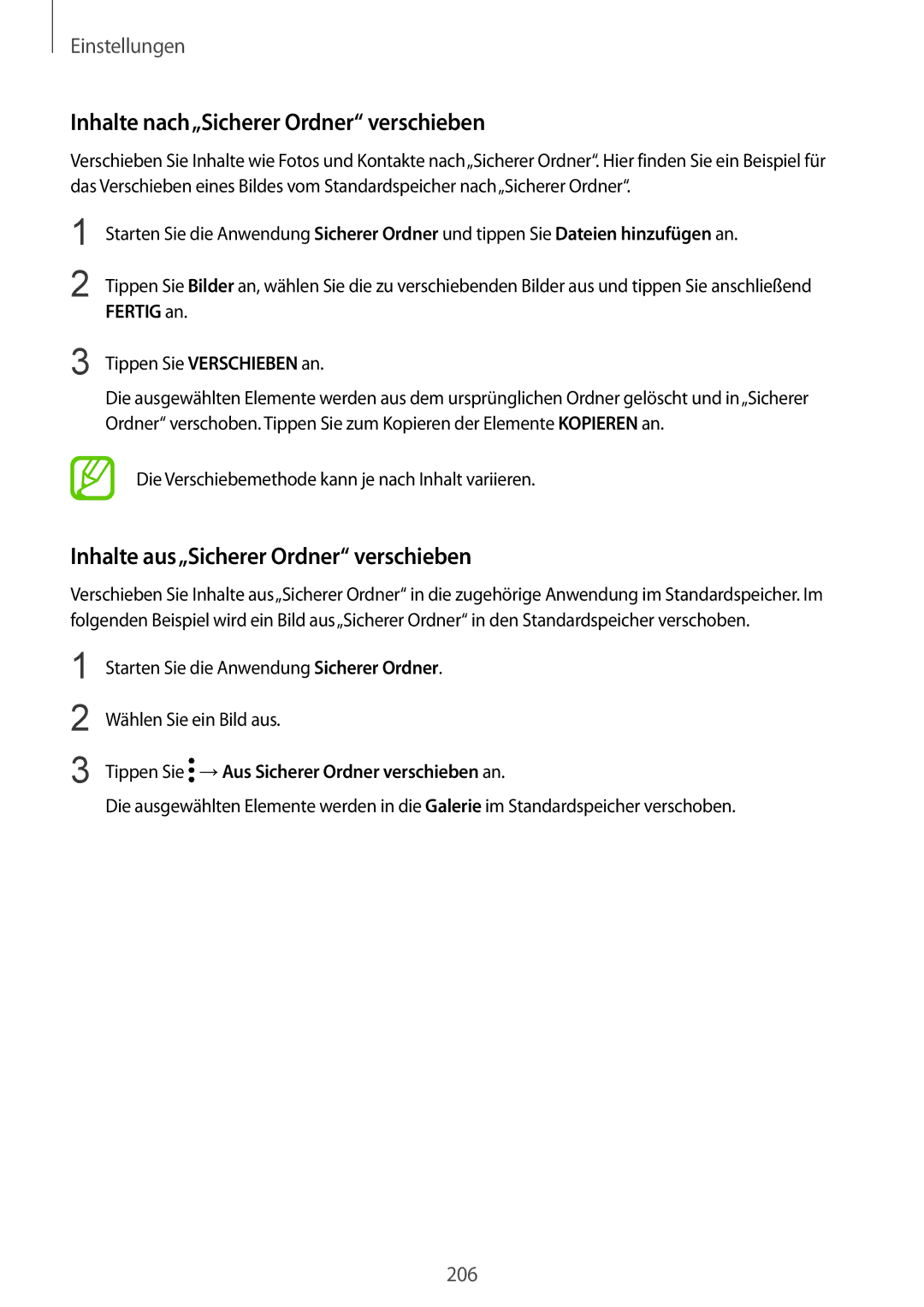 Samsung SM-G950FZSADBT, SM-G950FZIADBT Inhalte nach„Sicherer Ordner verschieben, Inhalte aus„Sicherer Ordner verschieben 