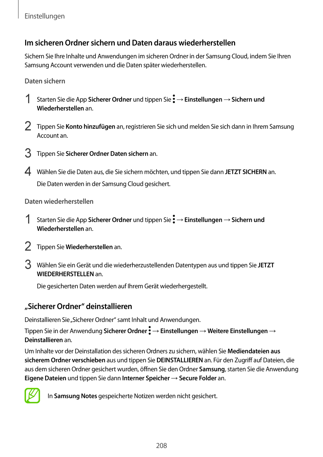 Samsung SM-G955FZSADBT, SM-G950FZIADBT manual „Sicherer Ordner deinstallieren, Daten sichern, Daten wiederherstellen 