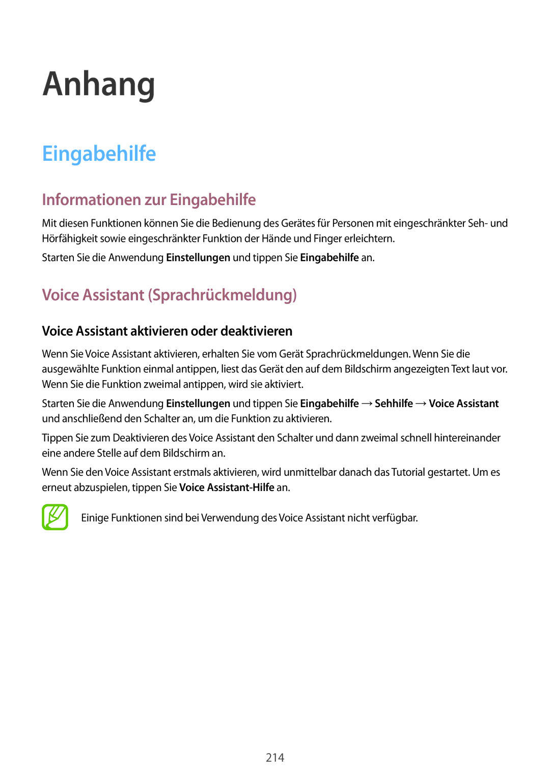 Samsung SM-G950FZKADBT, SM-G950FZIADBT, SM-G955FZSADBT Informationen zur Eingabehilfe, Voice Assistant Sprachrückmeldung 