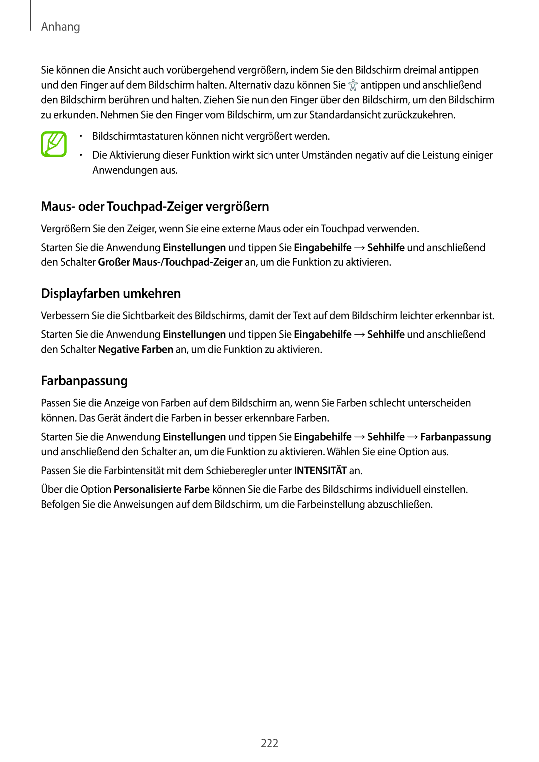 Samsung SM-G955FZBADBT, SM-G950FZIADBT manual Maus- oder Touchpad-Zeiger vergrößern, Displayfarben umkehren, Farbanpassung 