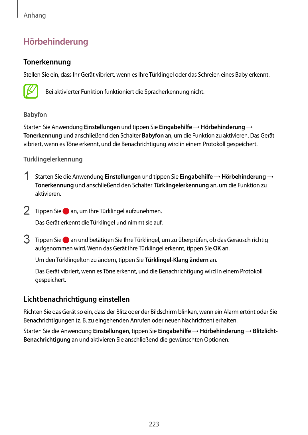 Samsung SM-G950FZKADBT manual Hörbehinderung, Tonerkennung, Lichtbenachrichtigung einstellen, Babyfon, Türklingelerkennung 