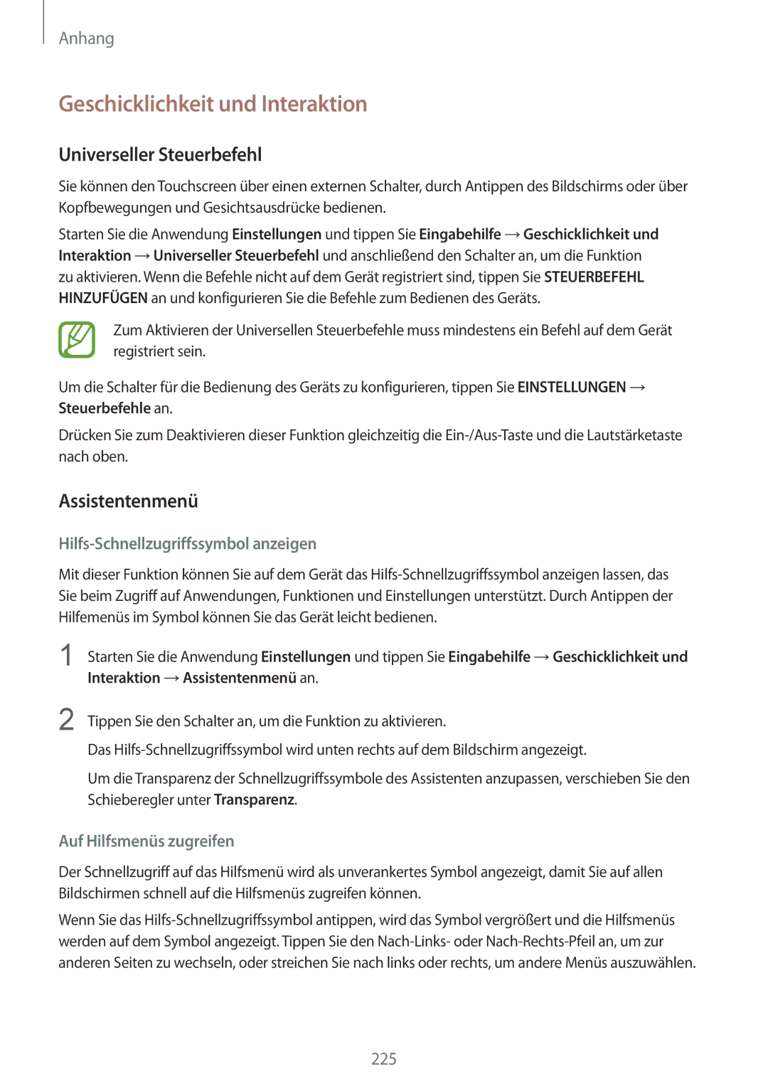 Samsung SM-G950FZIADBT, SM-G955FZSADBT manual Geschicklichkeit und Interaktion, Universeller Steuerbefehl, Assistentenmenü 