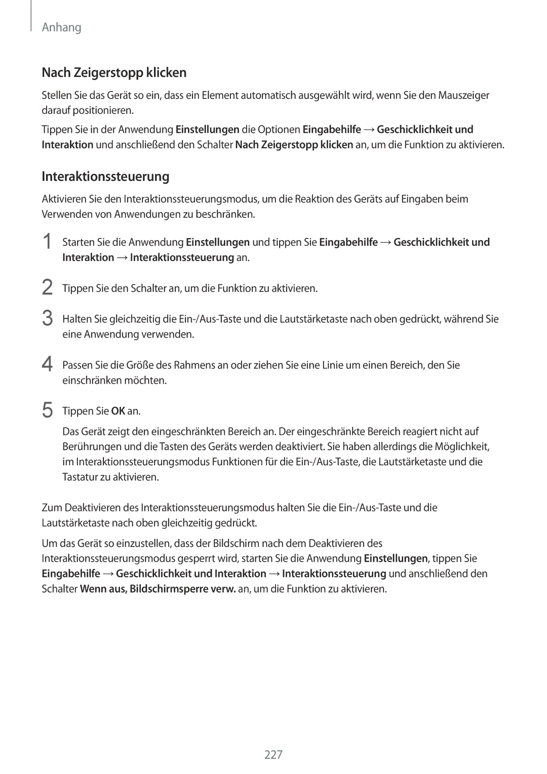 Samsung SM-G955FZKADBT manual Nach Zeigerstopp klicken, Interaktionssteuerung, Einschränken möchten, Tastatur zu aktivieren 