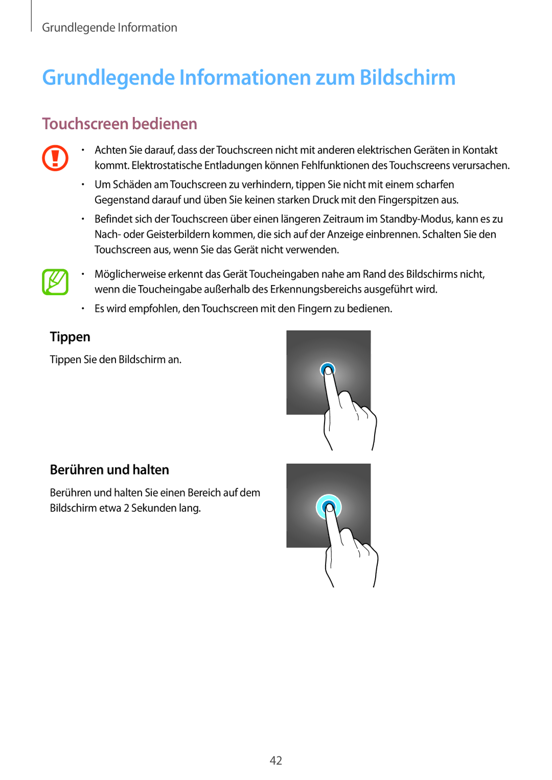 Samsung SM-G955FZBADBT manual Grundlegende Informationen zum Bildschirm, Touchscreen bedienen, Tippen, Berühren und halten 