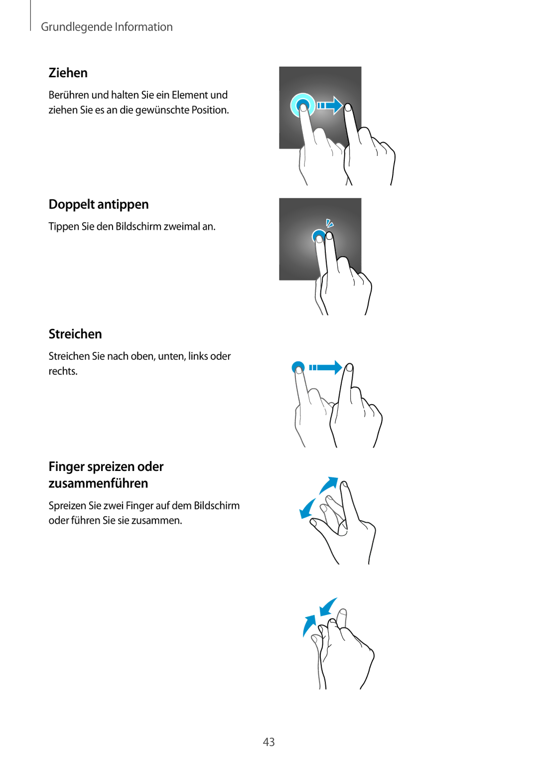 Samsung SM-G950FZKADBT, SM-G950FZIADBT manual Ziehen, Doppelt antippen, Streichen, Finger spreizen oder zusammenführen 