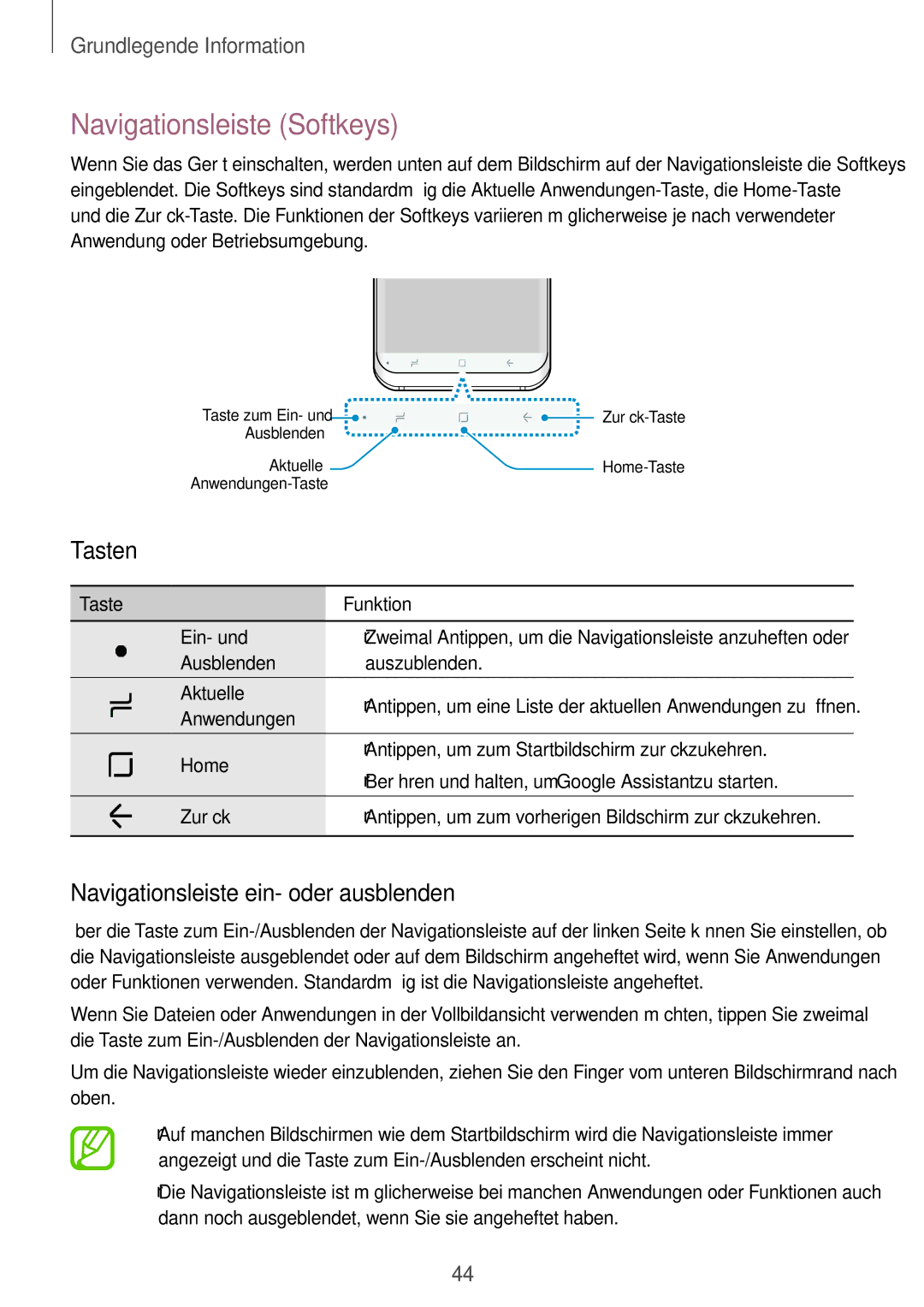 Samsung SM-G950FZSADBT, SM-G950FZIADBT manual Navigationsleiste Softkeys, Tasten, Navigationsleiste ein- oder ausblenden 