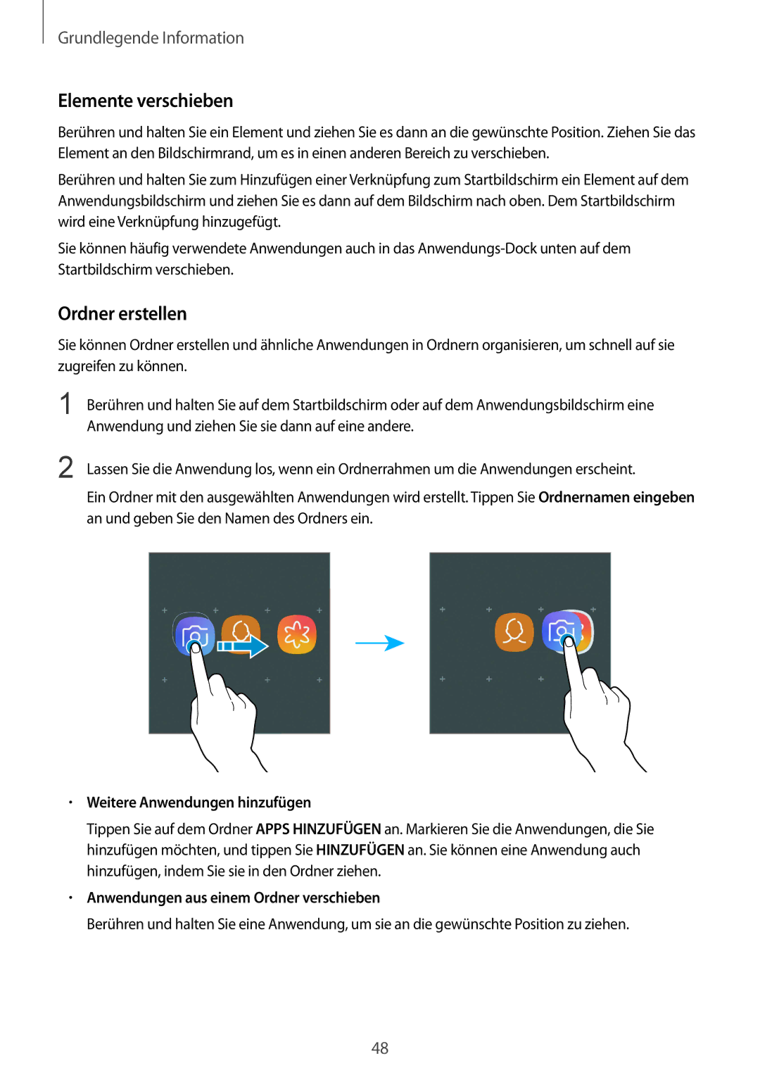 Samsung SM-G955FZVADBT, SM-G950FZIADBT manual Elemente verschieben, Ordner erstellen, Weitere Anwendungen hinzufügen 