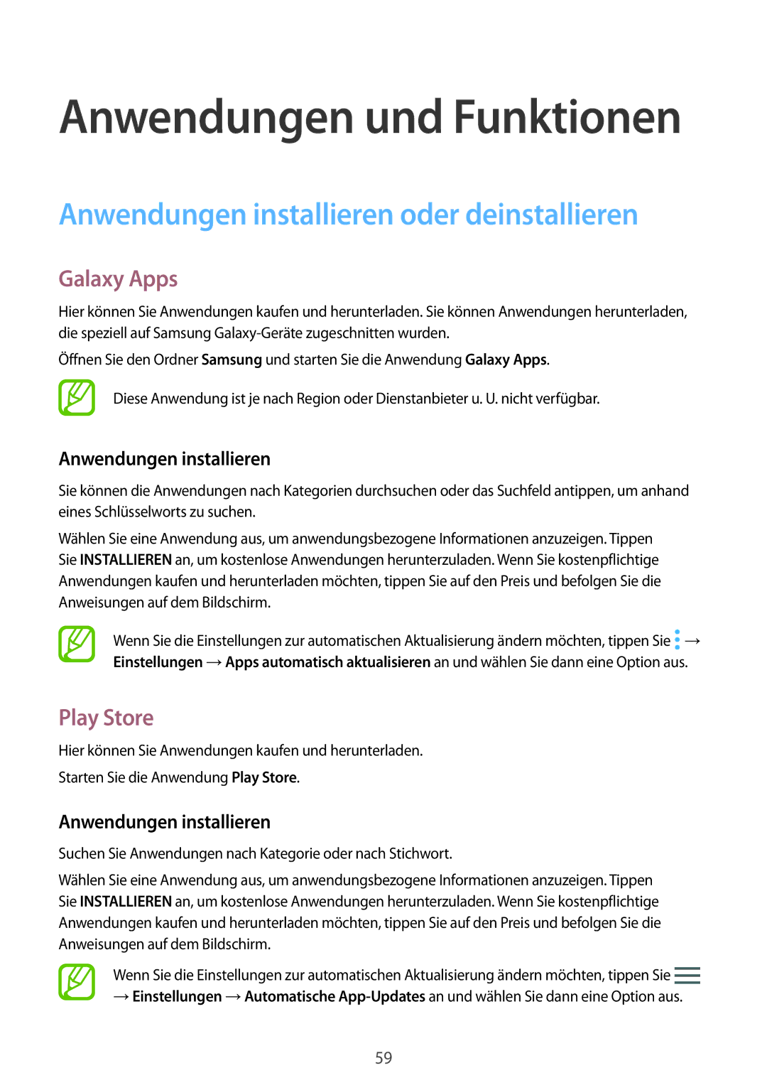 Samsung SM-G950FZBADBT, SM-G950FZIADBT manual Anwendungen installieren oder deinstallieren, Galaxy Apps, Play Store 