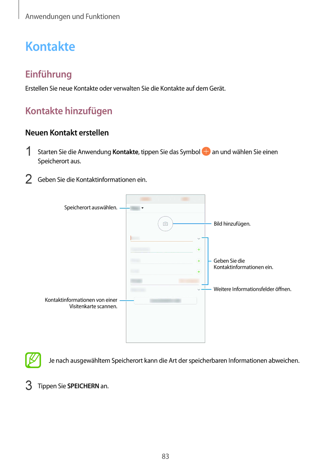 Samsung SM-G955FZKADBT, SM-G950FZIADBT manual Kontakte hinzufügen, Neuen Kontakt erstellen, Tippen Sie Speichern an 