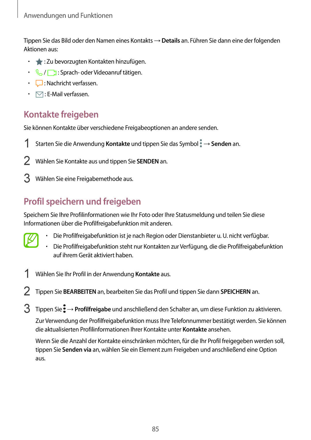 Samsung SM-G950FZVADBT, SM-G950FZIADBT, SM-G955FZSADBT, SM-G955FZKADBT Kontakte freigeben, Profil speichern und freigeben 