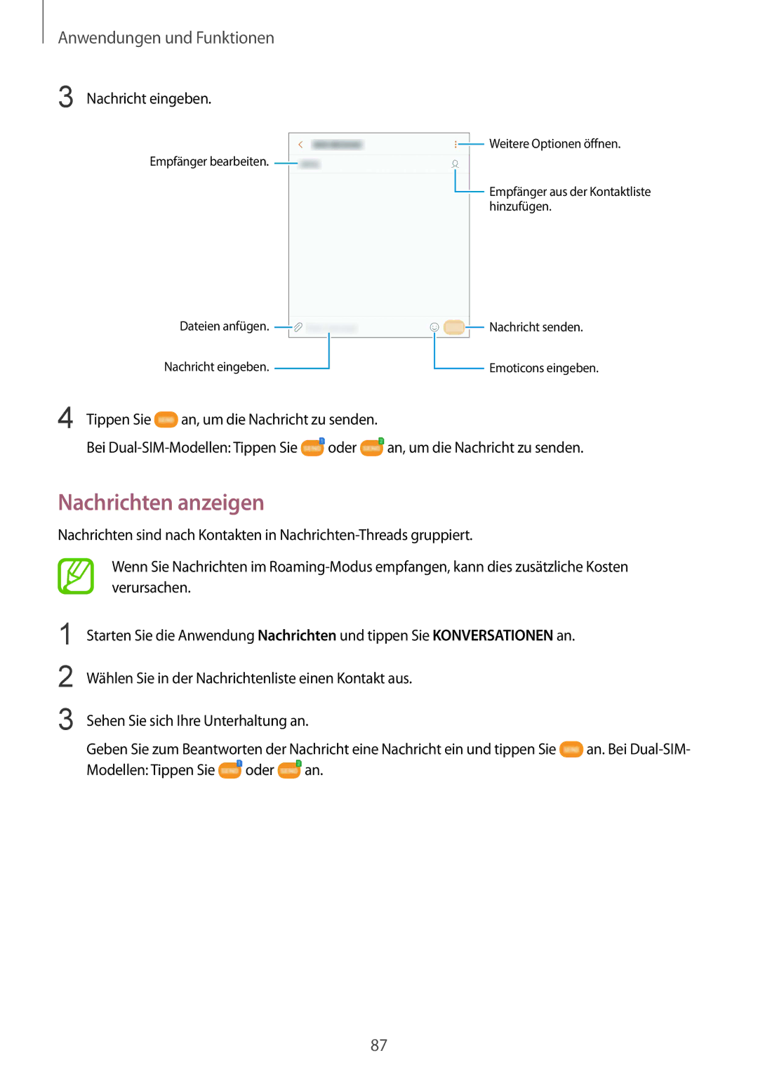 Samsung SM-G955FZBADBT, SM-G950FZIADBT, SM-G955FZSADBT manual Nachrichten anzeigen, Nachricht eingeben, Tippen Sie, Oder 