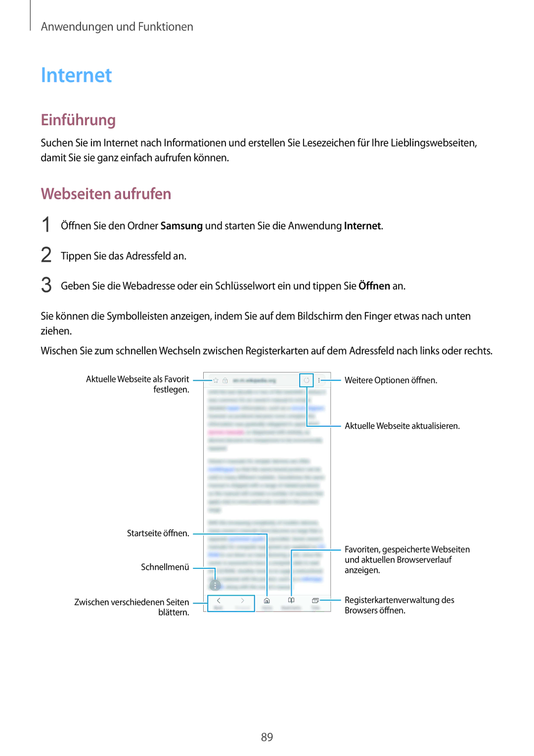 Samsung SM-G950FZSADBT, SM-G950FZIADBT, SM-G955FZSADBT, SM-G955FZKADBT, SM-G955FZVADBT manual Internet, Webseiten aufrufen 