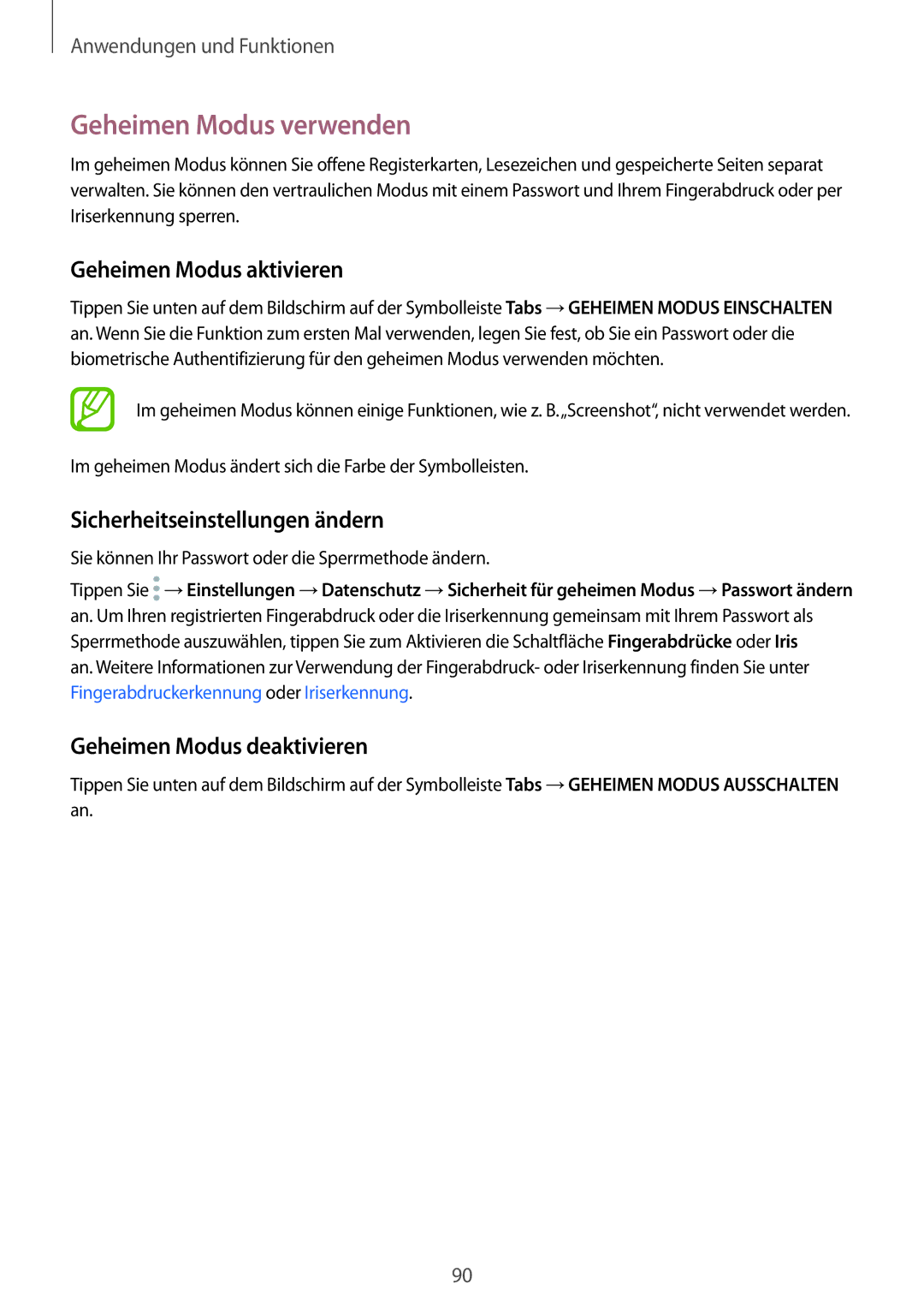 Samsung SM-G950FZIADBT manual Geheimen Modus verwenden, Geheimen Modus aktivieren, Sicherheitseinstellungen ändern 