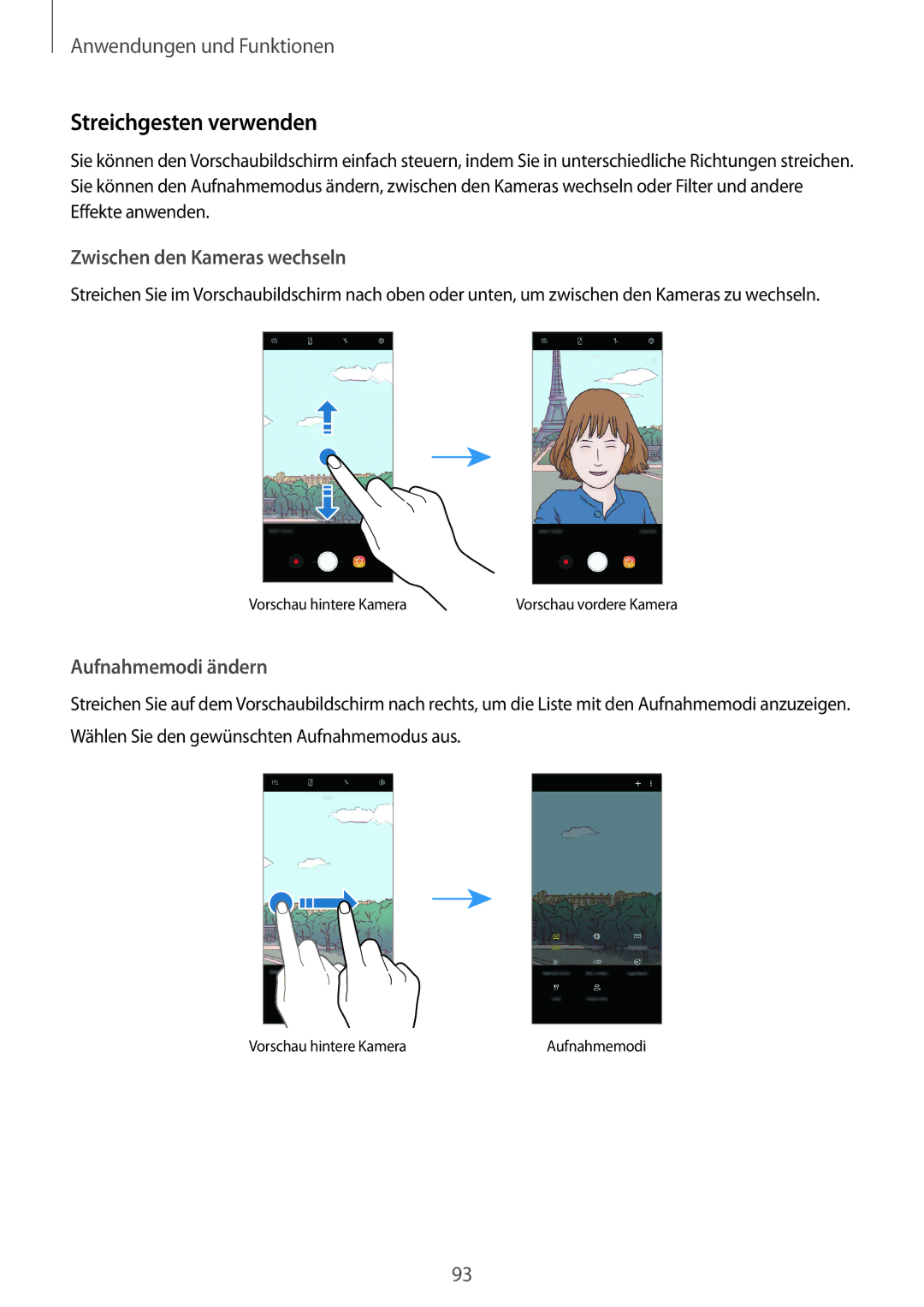 Samsung SM-G955FZVADBT, SM-G950FZIADBT manual Streichgesten verwenden, Zwischen den Kameras wechseln, Aufnahmemodi ändern 