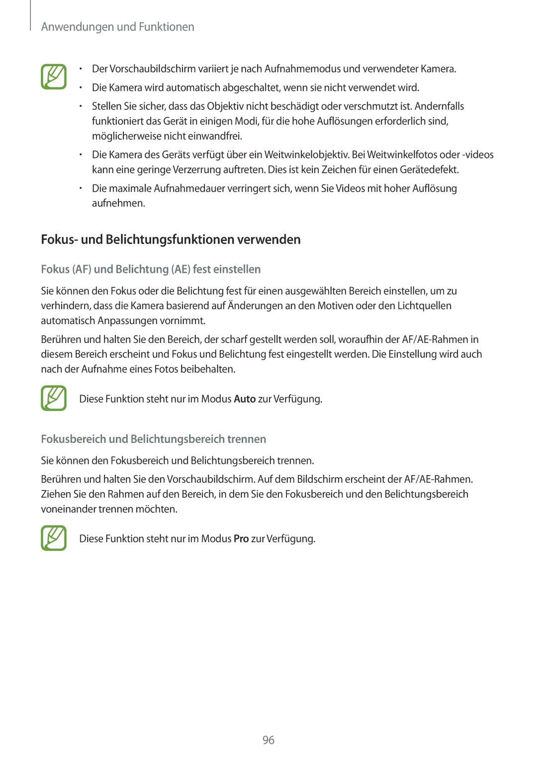 Samsung SM-G955FZBADBT manual Fokus- und Belichtungsfunktionen verwenden, Fokus AF und Belichtung AE fest einstellen 