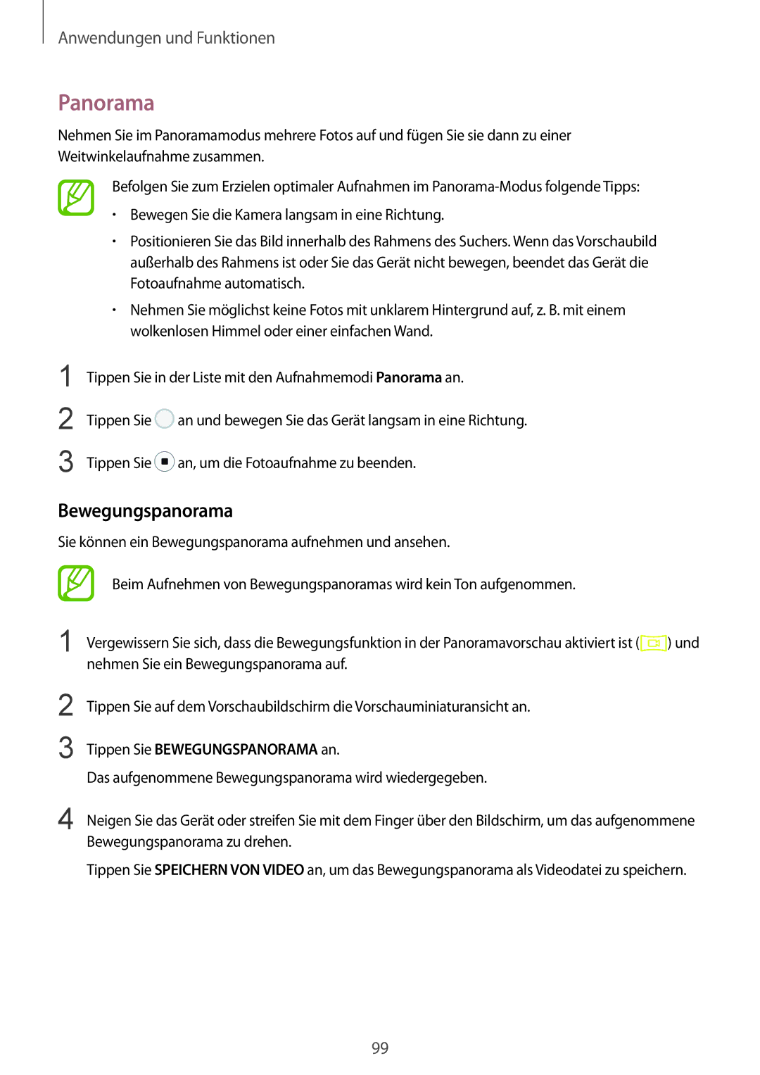 Samsung SM-G950FZIADBT, SM-G955FZSADBT, SM-G955FZKADBT, SM-G955FZVADBT manual Panorama, Tippen Sie Bewegungspanorama an 