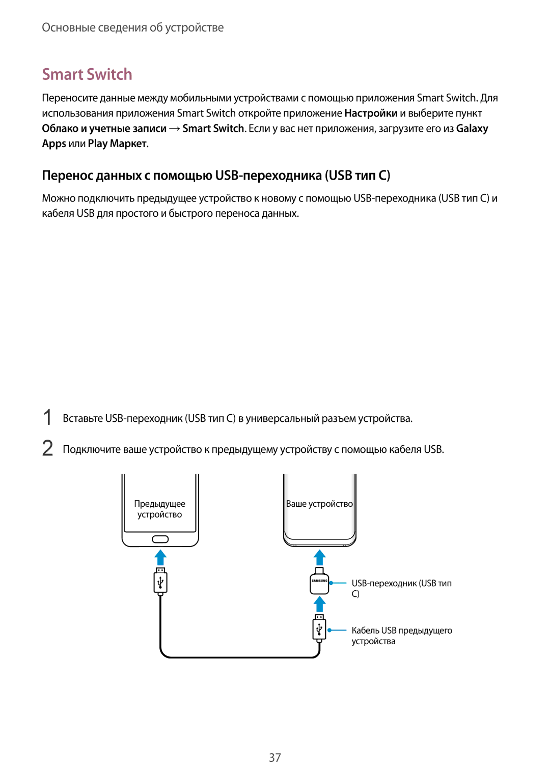 Samsung SM-G950FZKDSER, SM-G950FZSASEB, SM-G950FZVASEB Smart Switch, Перенос данных с помощью USB-переходника USB тип C 