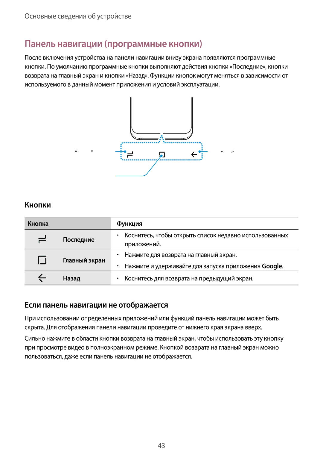 Samsung SM-G950FZKASEB manual Панель навигации программные кнопки, Кнопки, Если панель навигации не отображается, Назад 