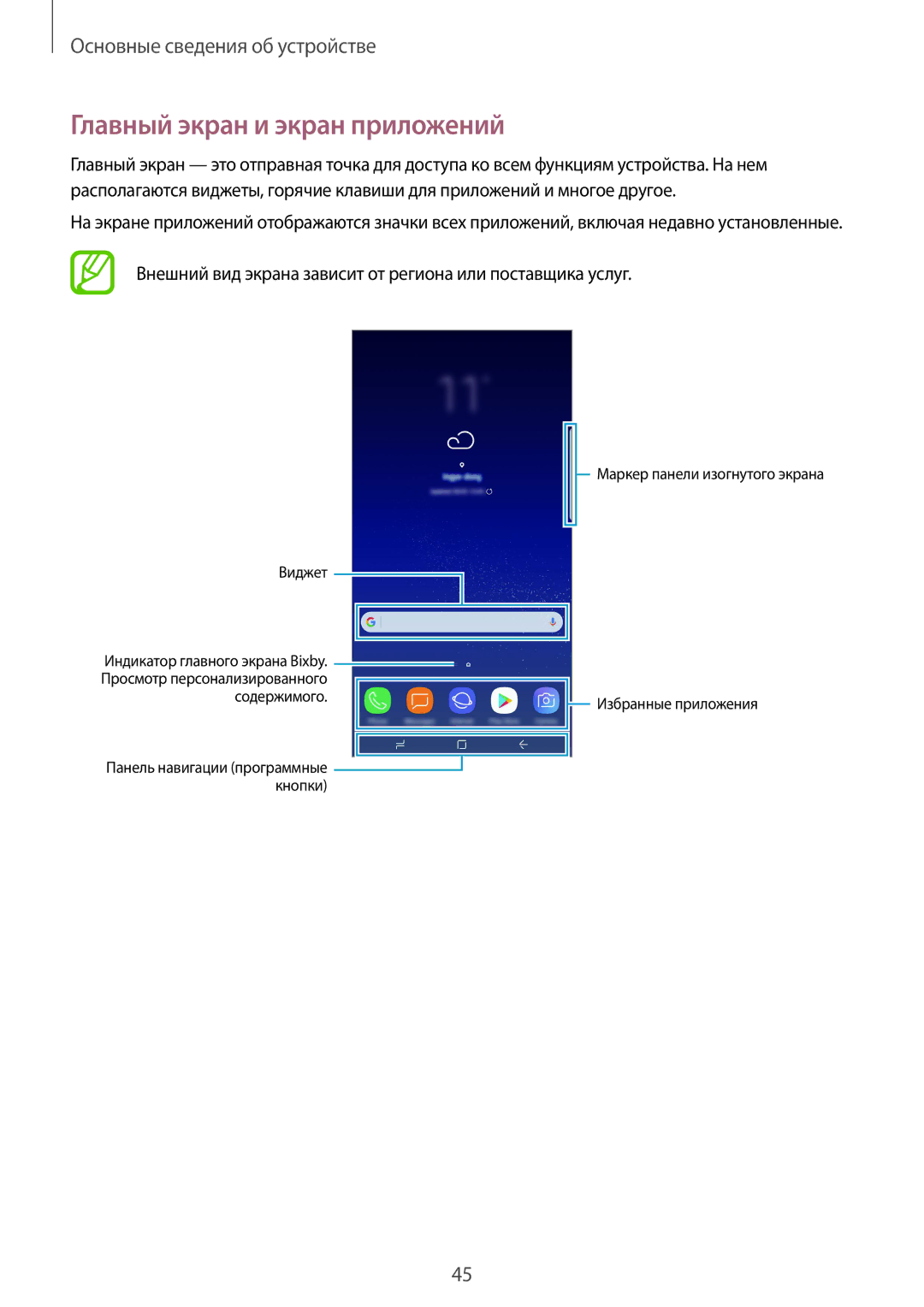 Samsung SM-G950FZKDSER manual Главный экран и экран приложений, Внешний вид экрана зависит от региона или поставщика услуг 