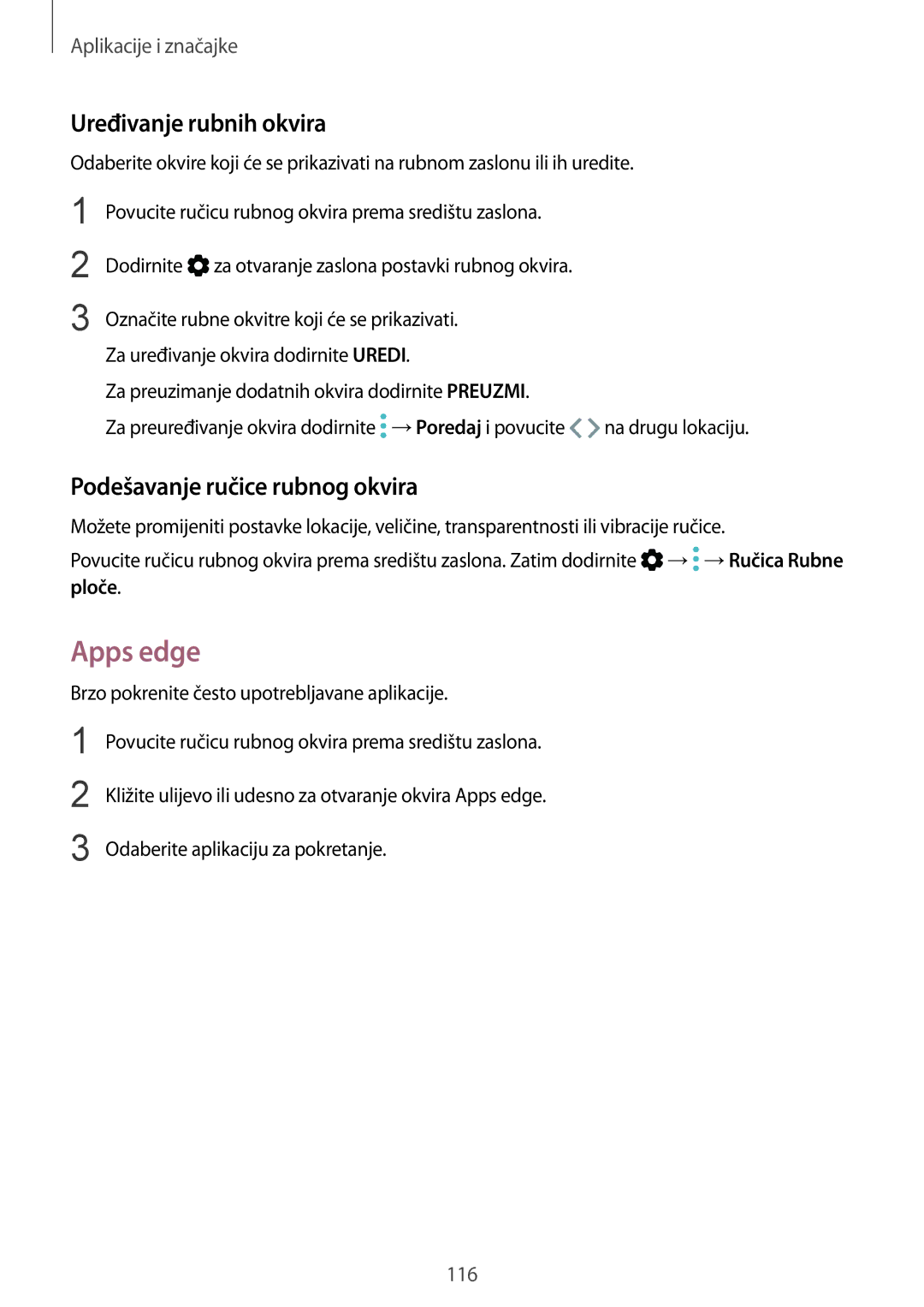 Samsung SM-G950FZSASEE, SM-G950FZVASEE manual Apps edge, Uređivanje rubnih okvira, Podešavanje ručice rubnog okvira, Ploče 