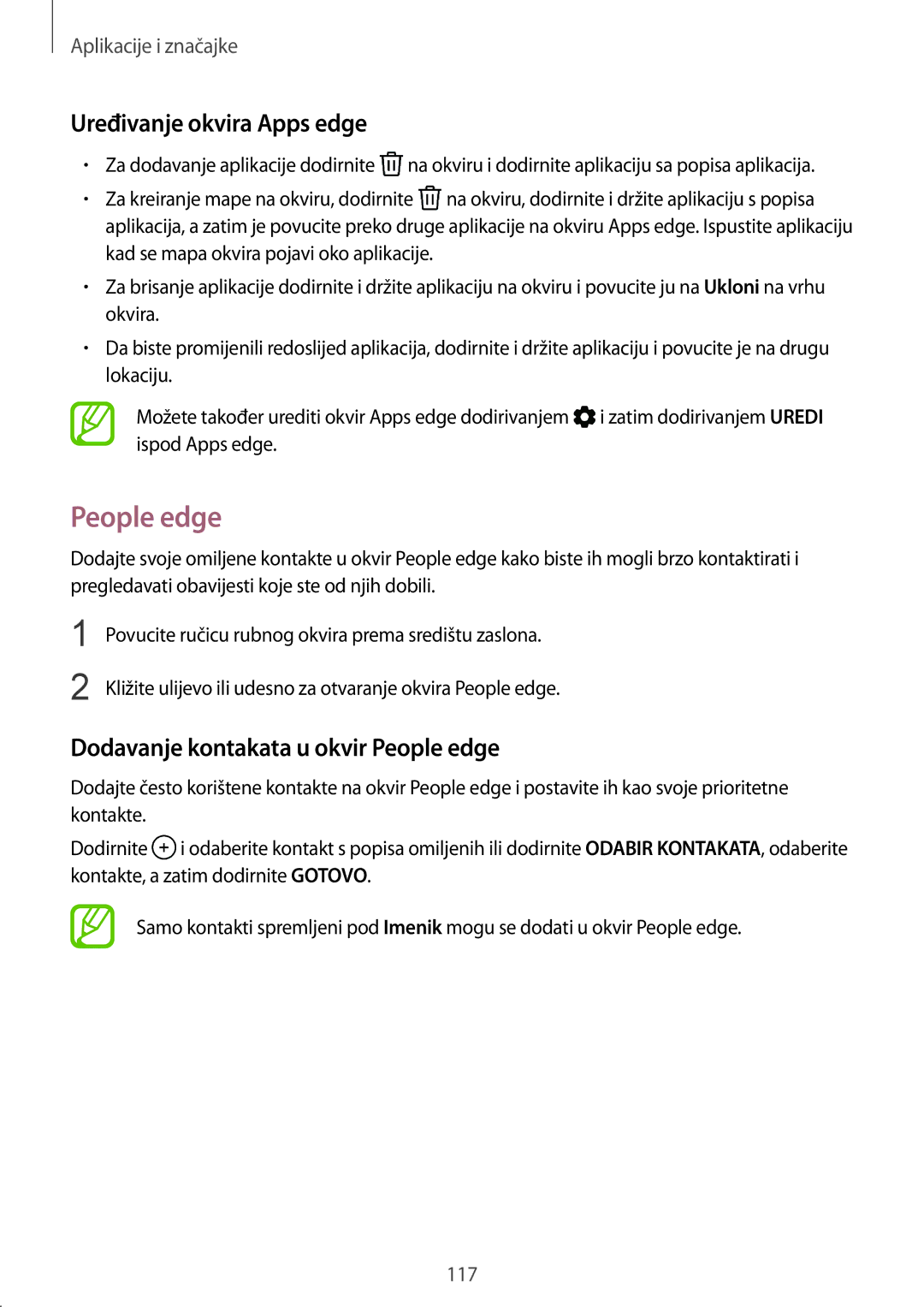 Samsung SM-G955FZSASEE, SM-G950FZVASEE manual Uređivanje okvira Apps edge, Dodavanje kontakata u okvir People edge 