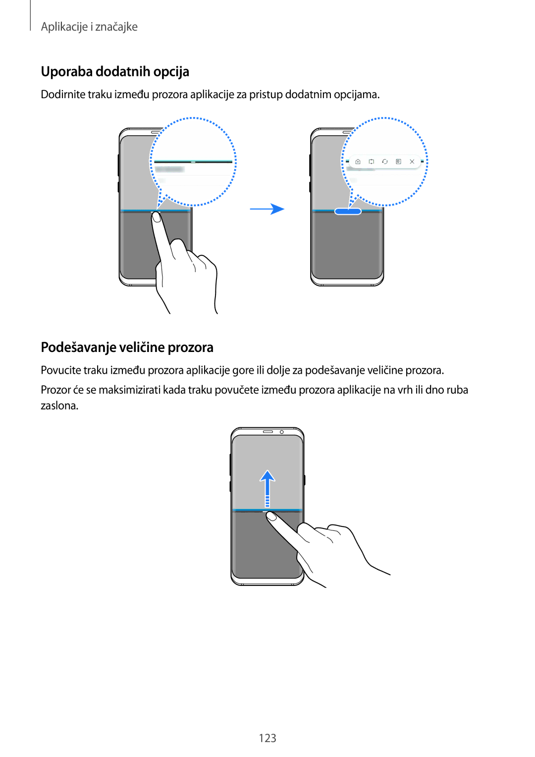 Samsung SM-G955FZSASEE, SM-G950FZVASEE, SM-G950FZKASEE, SM-G950FZSASEE Uporaba dodatnih opcija, Podešavanje veličine prozora 