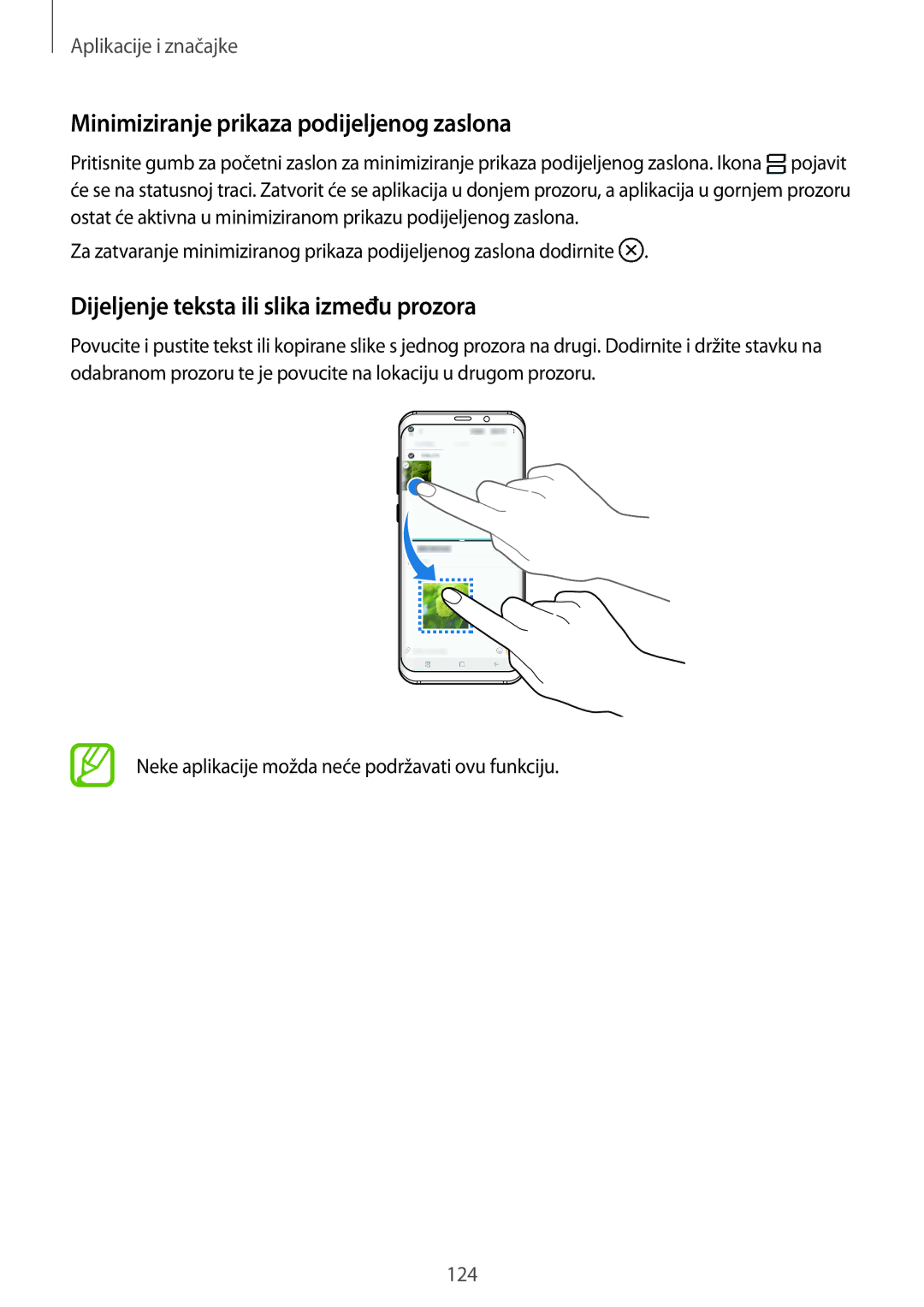 Samsung SM-G955FZKASEE manual Minimiziranje prikaza podijeljenog zaslona, Dijeljenje teksta ili slika između prozora 