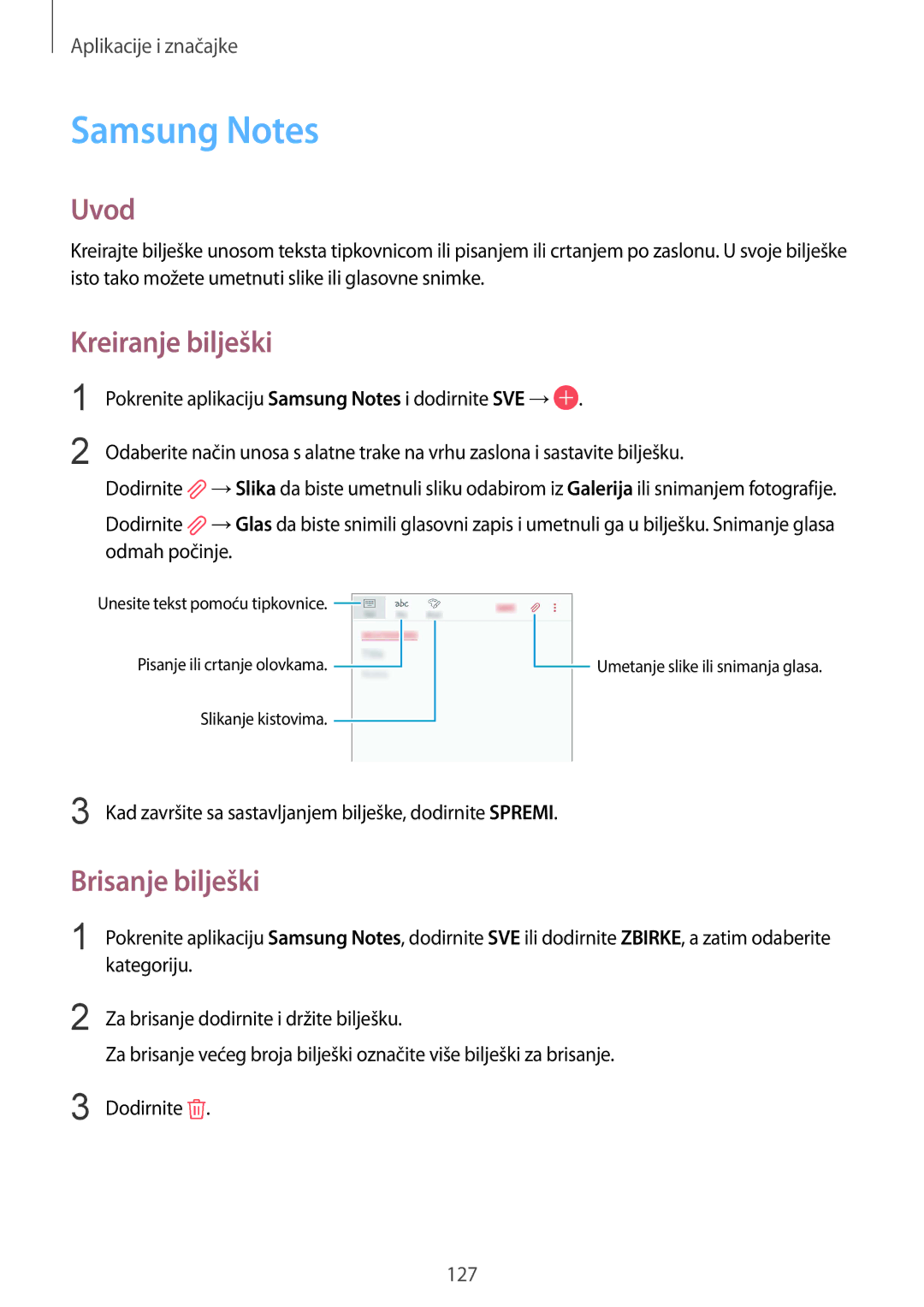 Samsung SM-G950FZKASEE, SM-G950FZVASEE, SM-G950FZSASEE, SM-G955FZSASEE Samsung Notes, Kreiranje bilješki, Brisanje bilješki 