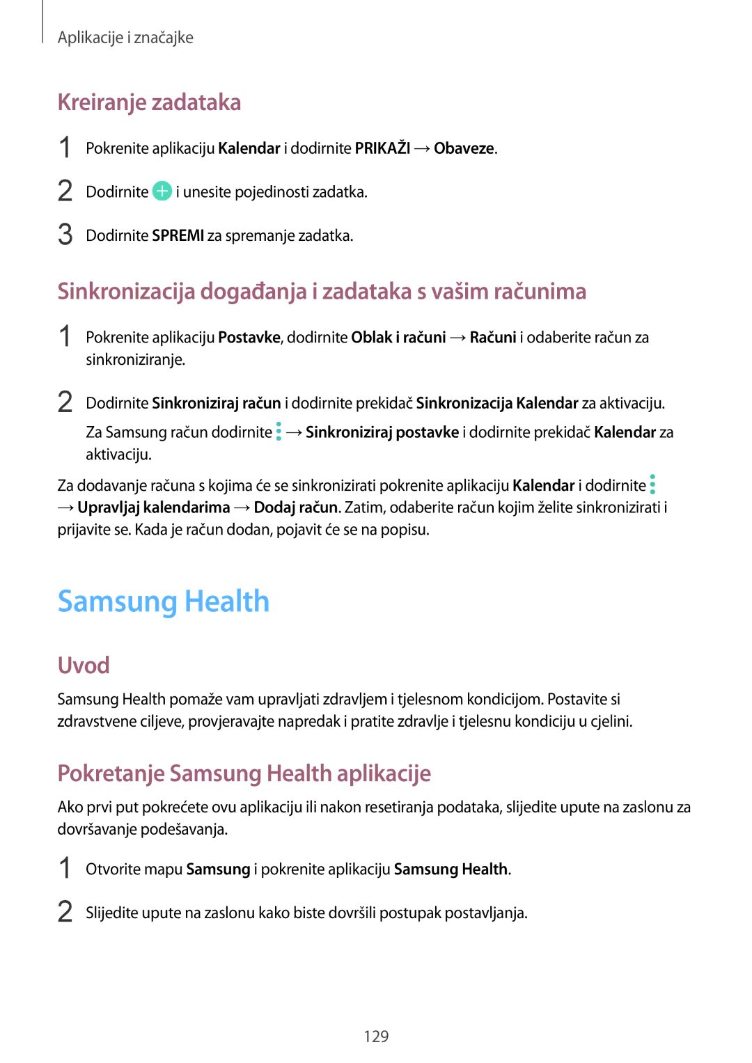 Samsung SM-G955FZSASEE manual Samsung Health, Kreiranje zadataka, Sinkronizacija događanja i zadataka s vašim računima 