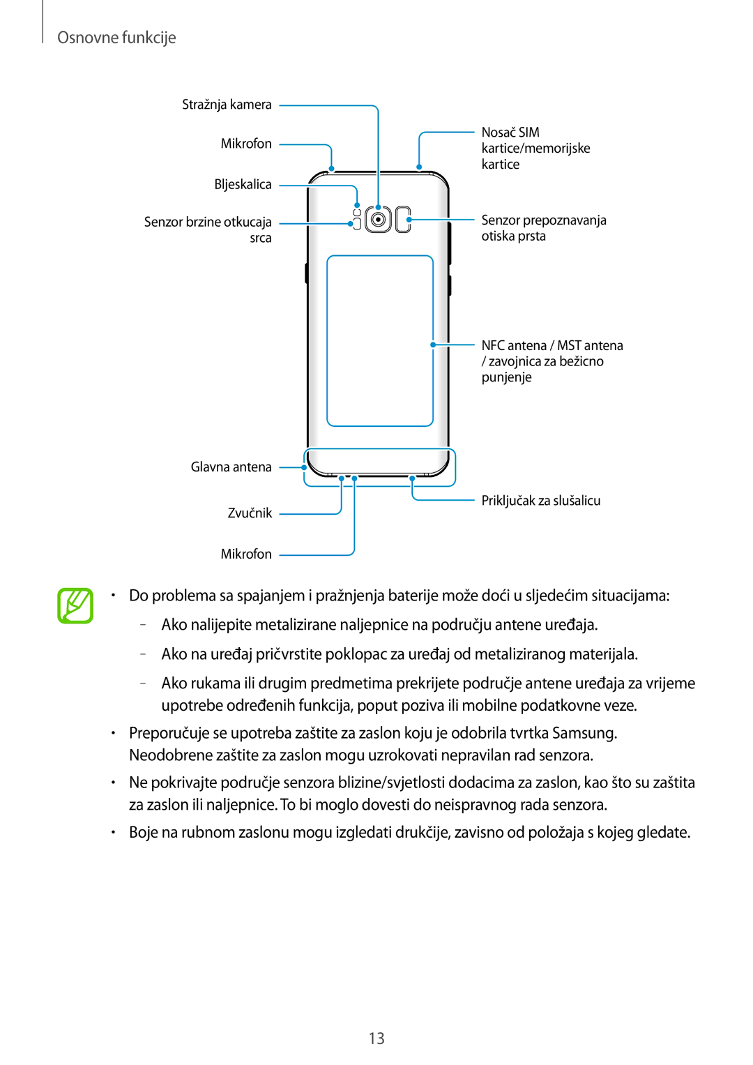 Samsung SM-G950FZKASEE, SM-G950FZVASEE, SM-G950FZSASEE, SM-G955FZSASEE manual Senzor brzine otkucaja Senzor prepoznavanja 