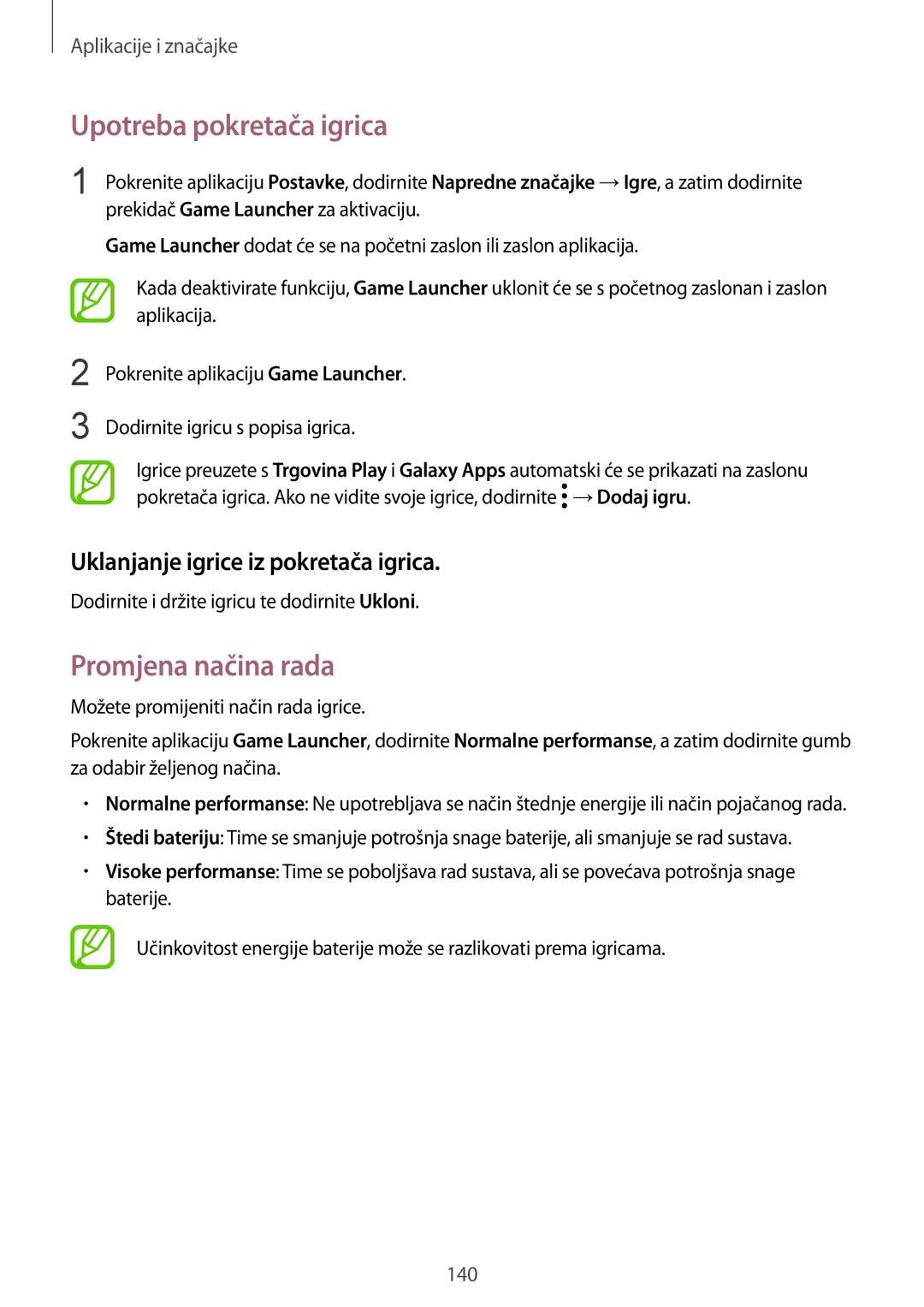 Samsung SM-G950FZSASEE manual Upotreba pokretača igrica, Promjena načina rada, Uklanjanje igrice iz pokretača igrica 