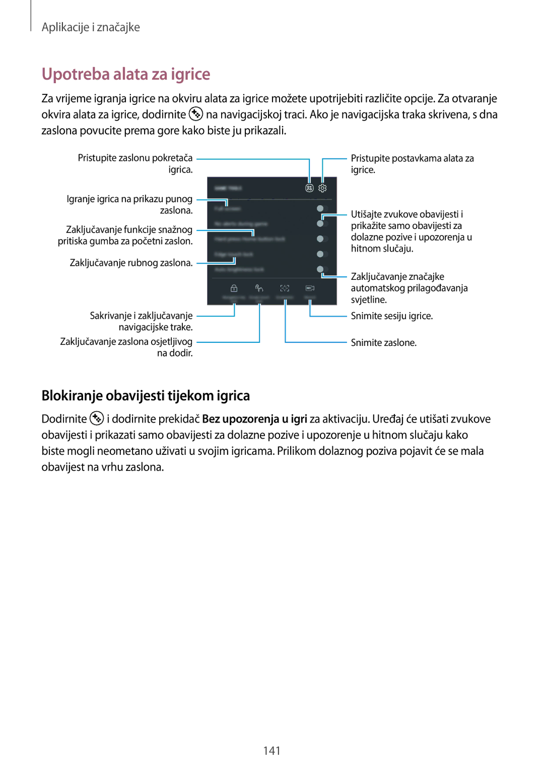 Samsung SM-G955FZSASEE, SM-G950FZVASEE, SM-G950FZKASEE manual Upotreba alata za igrice, Blokiranje obavijesti tijekom igrica 