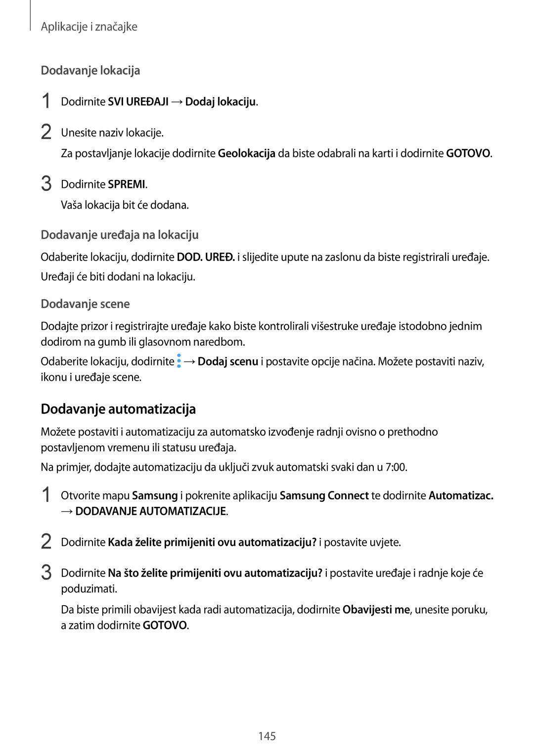 Samsung SM-G950FZKASEE manual Dodavanje automatizacija, Dodavanje lokacija, Dodavanje uređaja na lokaciju, Dodavanje scene 