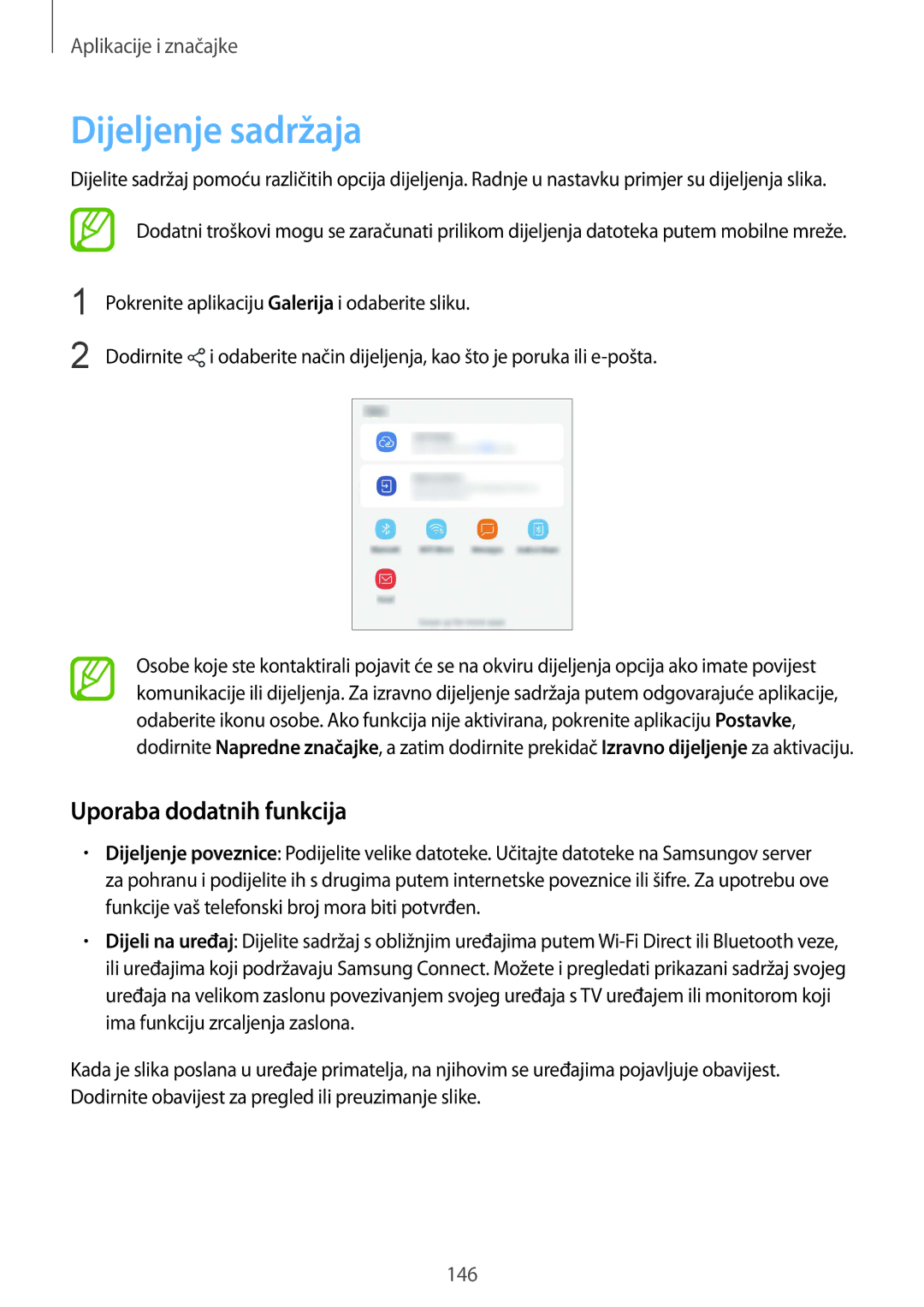 Samsung SM-G950FZSASEE, SM-G950FZVASEE, SM-G950FZKASEE, SM-G955FZSASEE manual Dijeljenje sadržaja, Uporaba dodatnih funkcija 