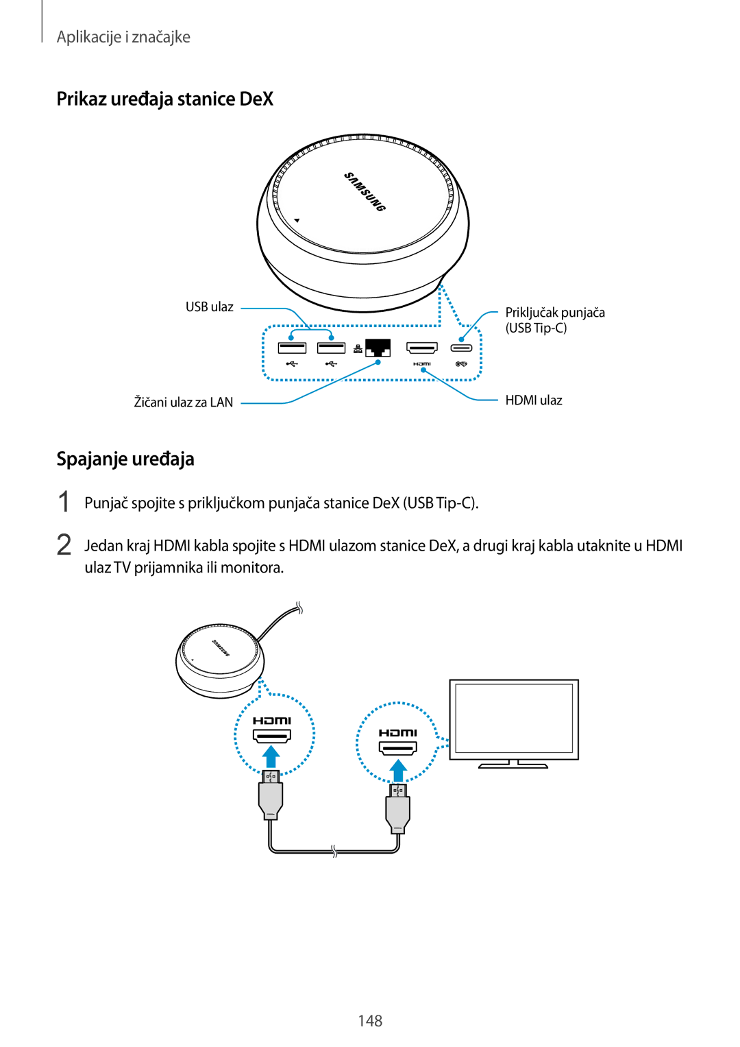 Samsung SM-G955FZKASEE, SM-G950FZVASEE, SM-G950FZKASEE, SM-G950FZSASEE manual Prikaz uređaja stanice DeX, Spajanje uređaja 