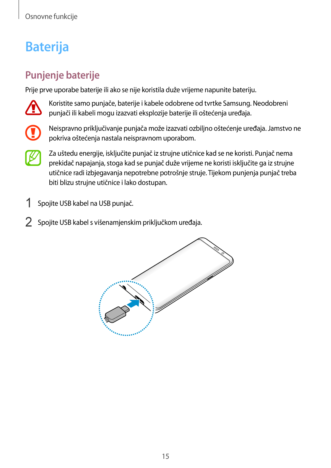 Samsung SM-G955FZSASEE, SM-G950FZVASEE, SM-G950FZKASEE, SM-G950FZSASEE, SM-G955FZKASEE manual Baterija, Punjenje baterije 